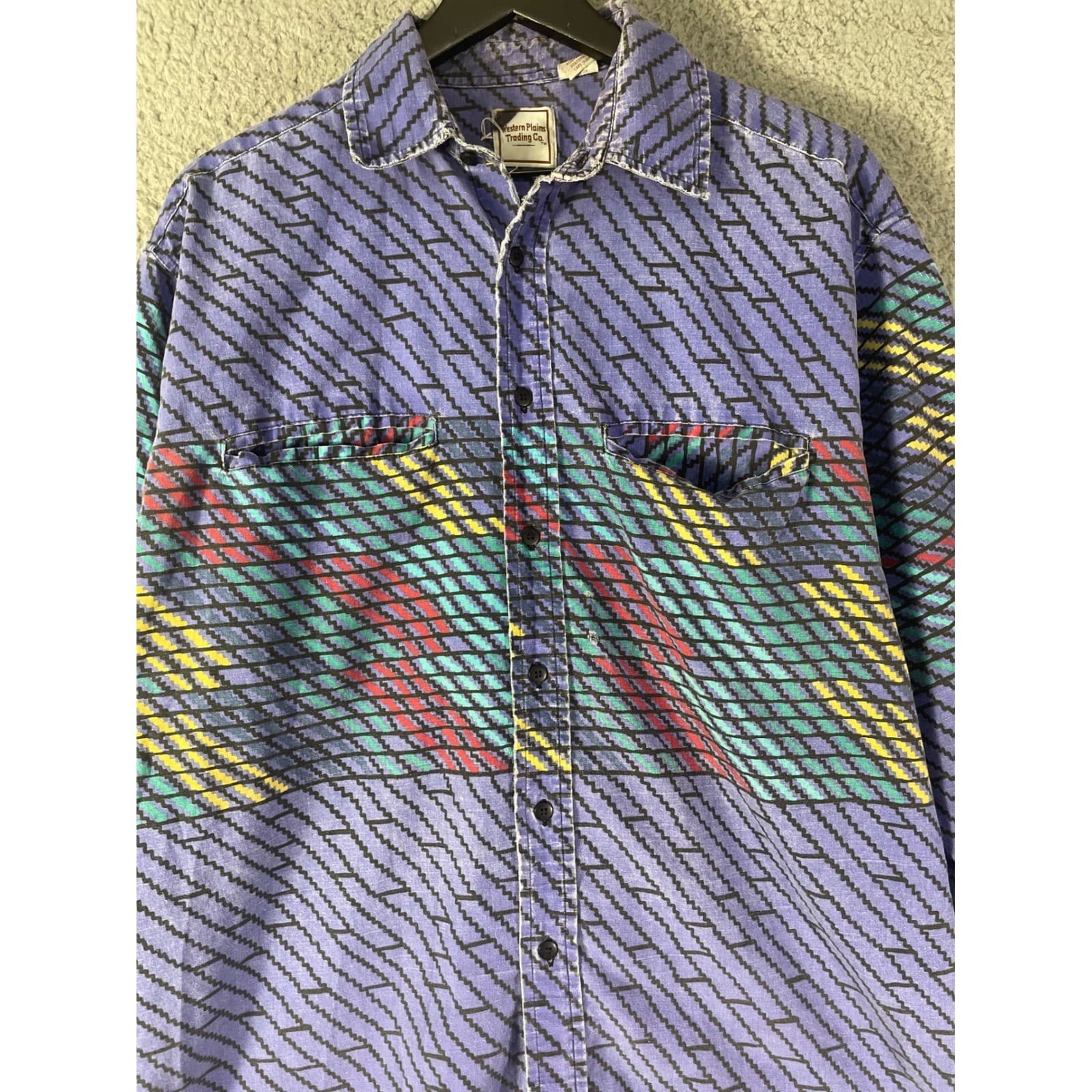 Vintage Western Plains Shirt Mens L Southwestern Aztec Cotton Button Up 90s Blue - Thumbnail 9