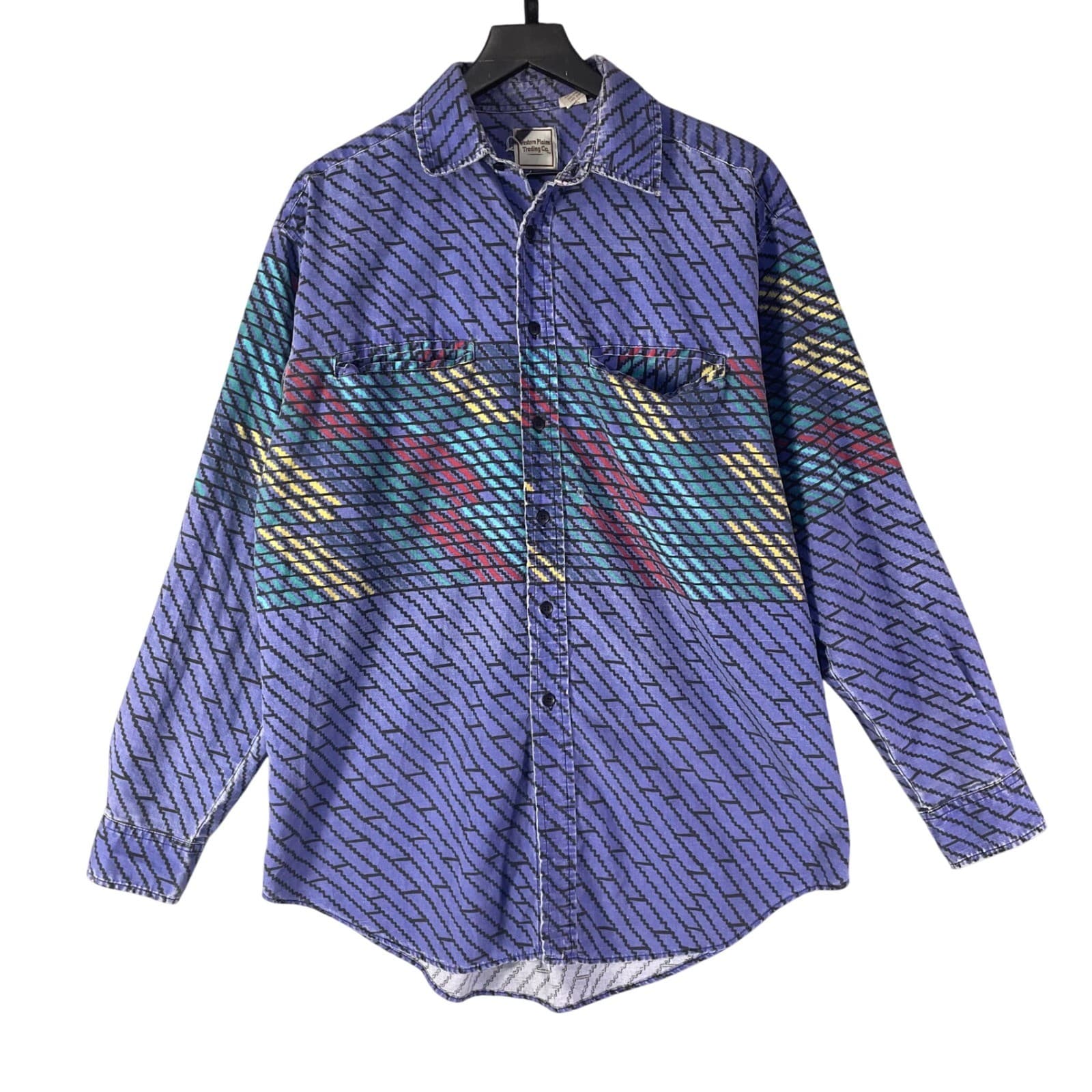 Vintage Western Plains Shirt Mens L Southwestern Aztec Cotton Button Up 90s Blue - Thumbnail 2