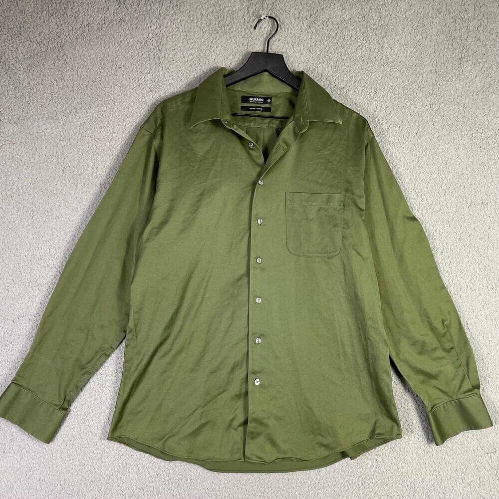 Murano Men's 17/35 XL Large Olive Green Liquid Cotton Long Sleeve Button Shirt - Thumbnail 2
