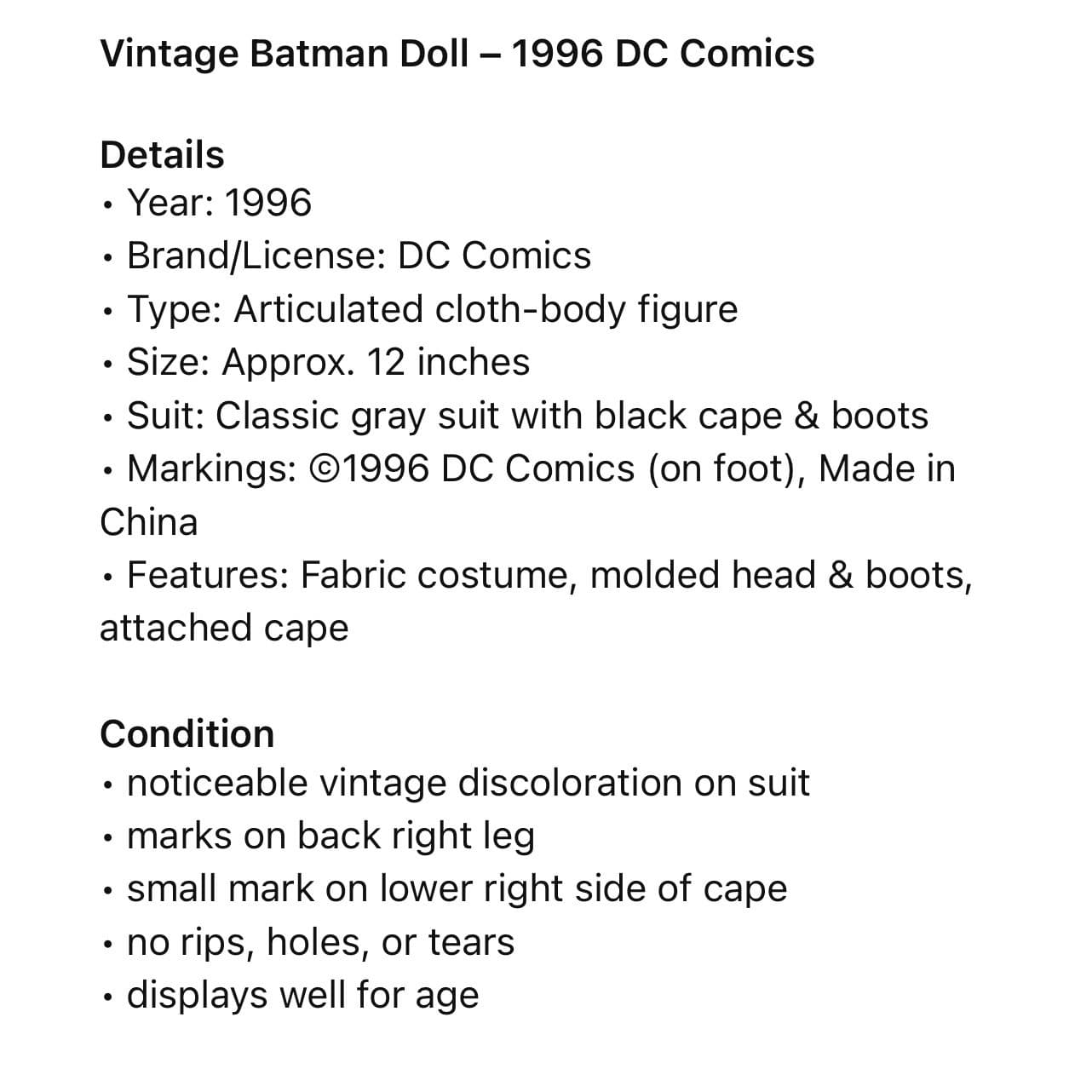 Vintage 1996 Batman Doll 12 Inch DC Comics Gray Suit Black Cape Action Figure - Thumbnail 2