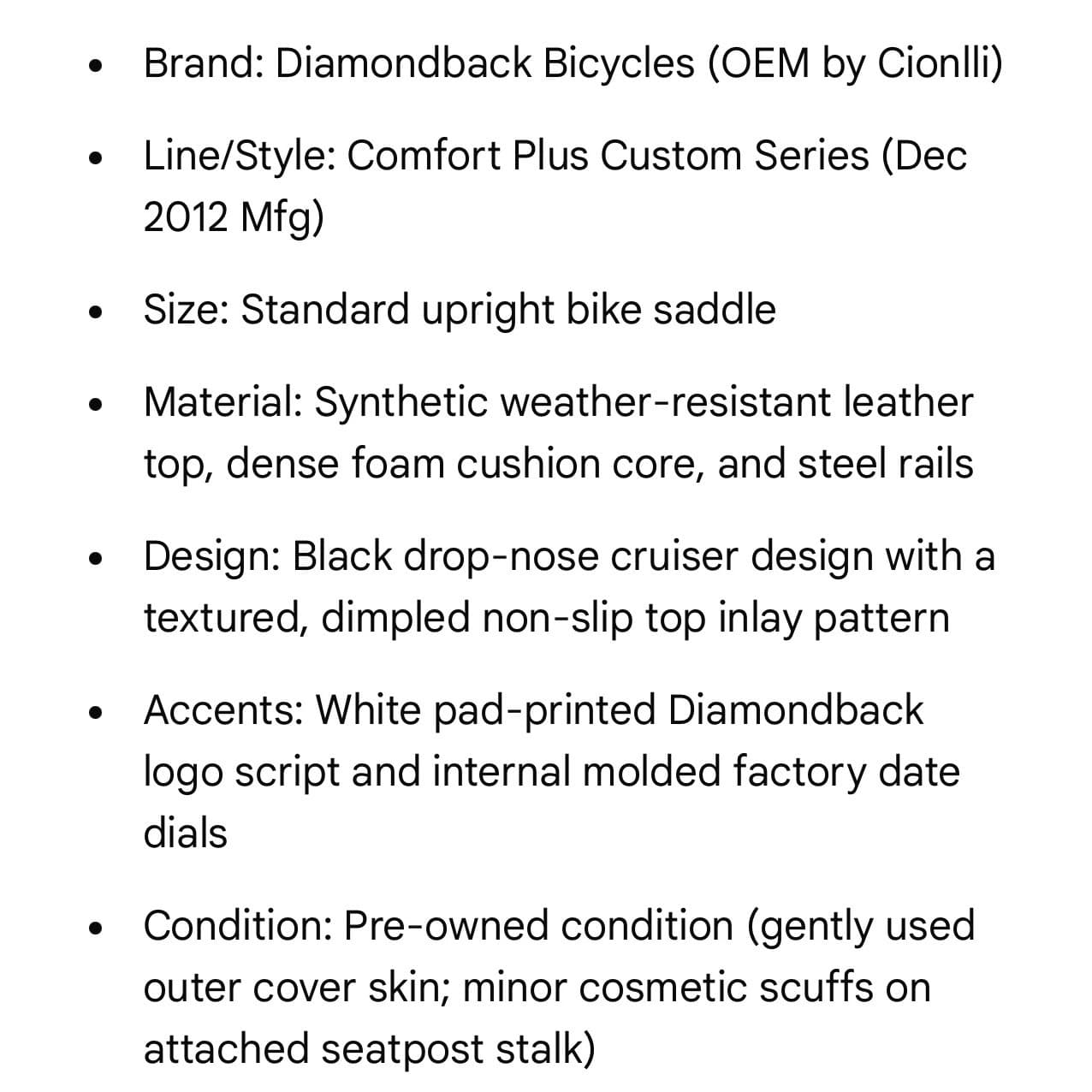 Diamondback Comfort Plus Padded Bicycle Saddle Seat Matte Black Cionlli 2012 - Thumbnail 2