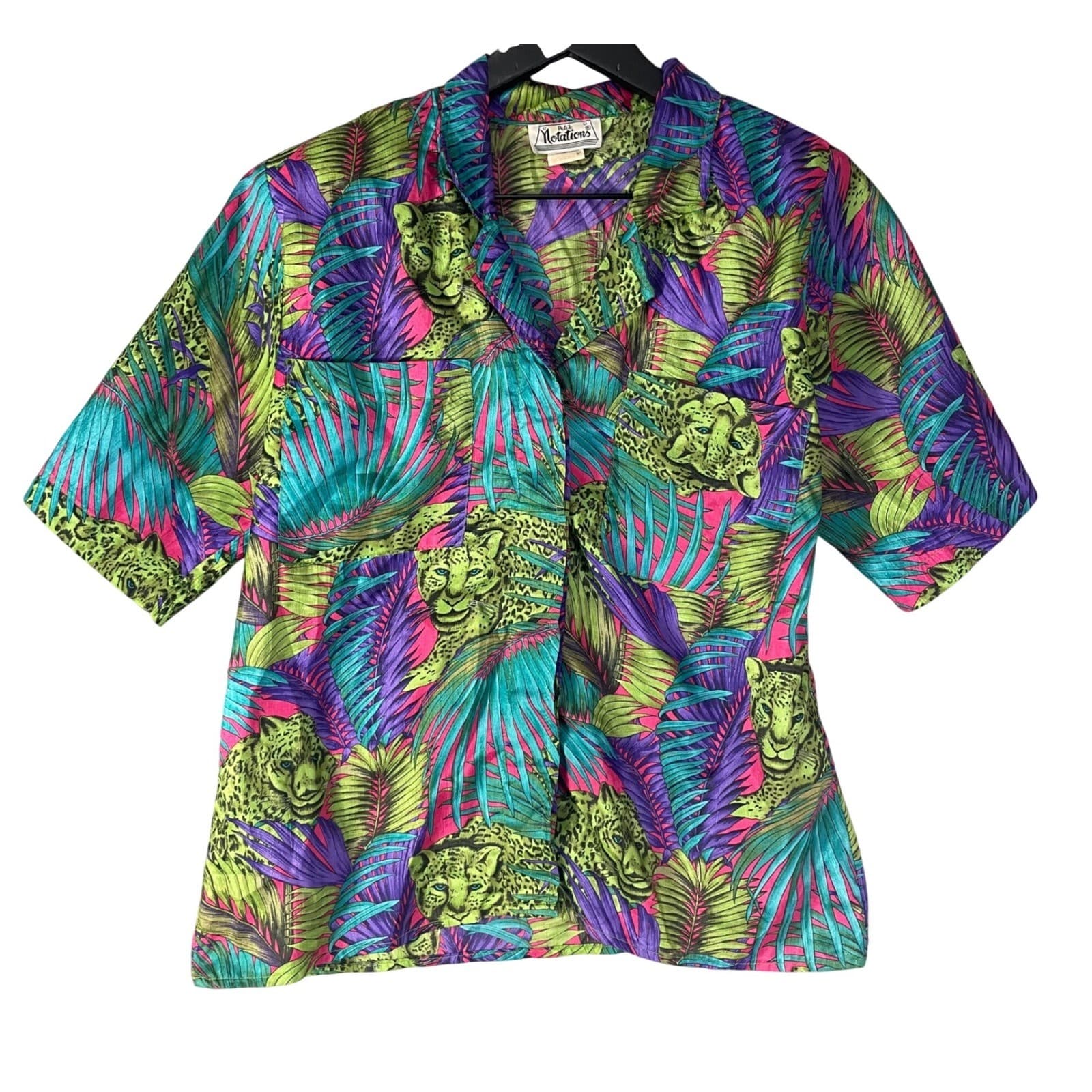 Vintage Petite Notations Tropical Blouse Womens 8P Leopard Jungle Button Shirt S