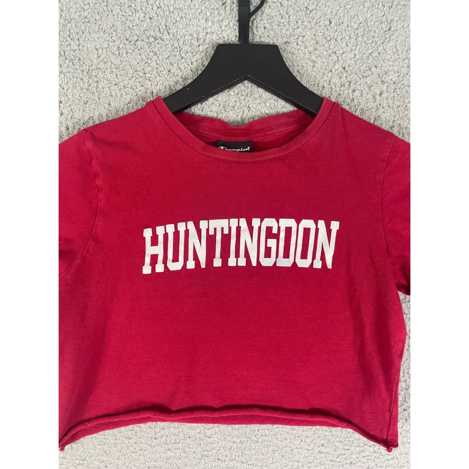 Champion Huntingdon College Red Cropped T Shirt Small S Raw Hem Graphic - Thumbnail 7