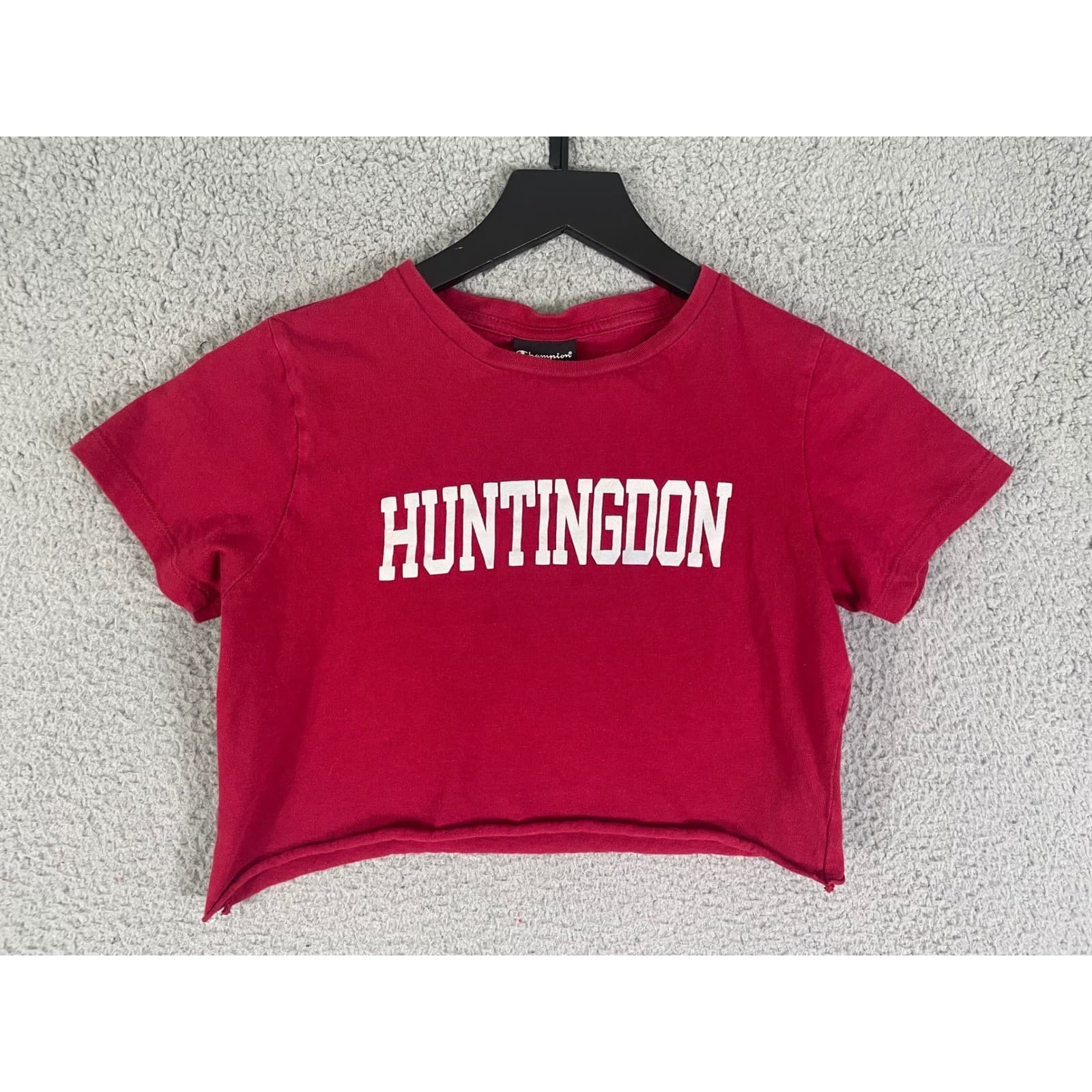 Champion Huntingdon College Red Cropped T Shirt Small S Raw Hem Graphic - Thumbnail 5