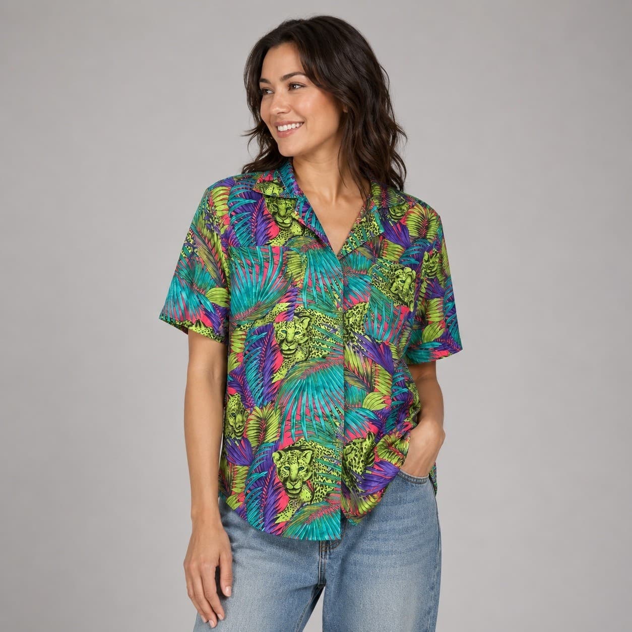 Vintage Petite Notations Tropical Blouse Womens 8P Leopard Jungle Button Shirt S - Thumbnail 2