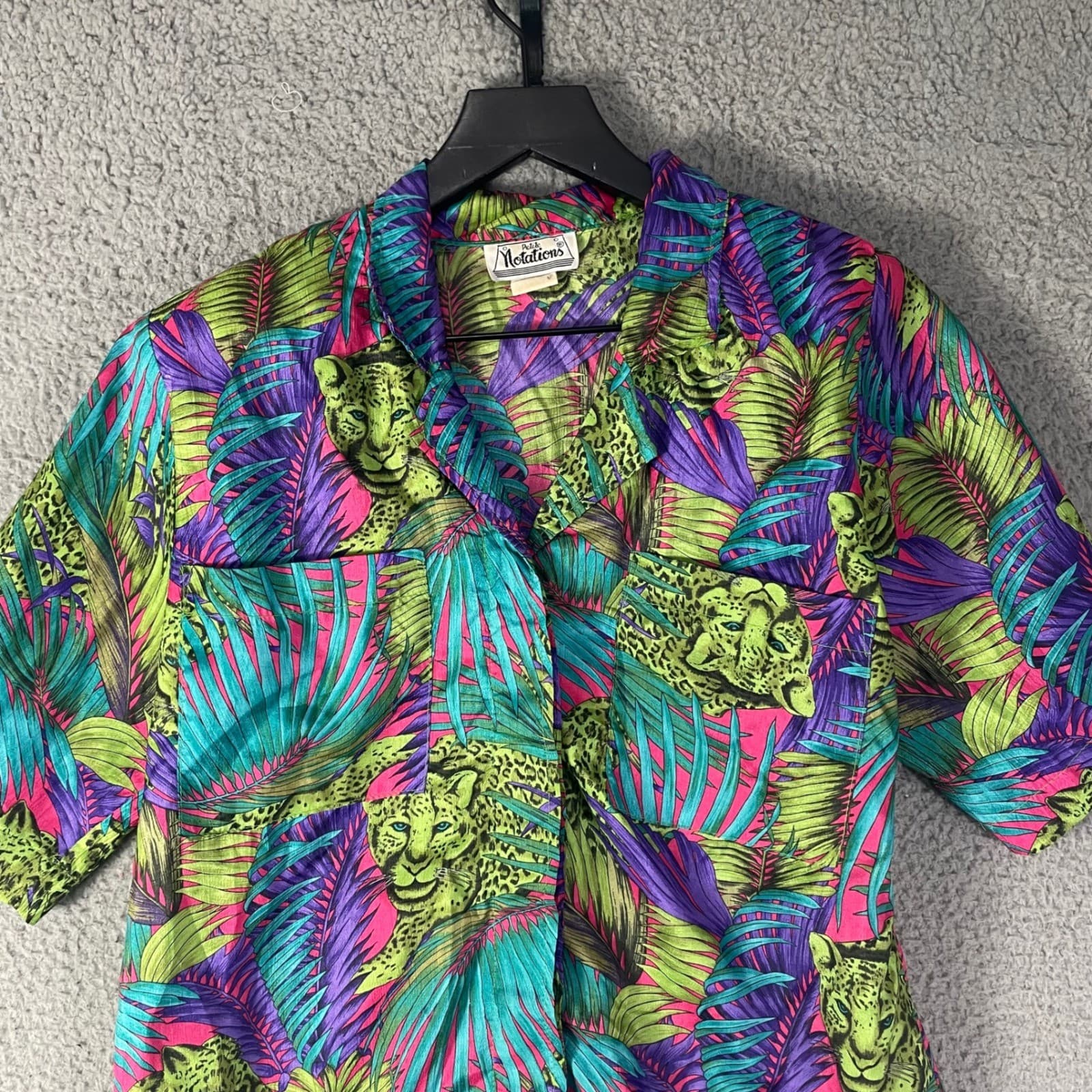 Vintage Petite Notations Tropical Blouse Womens 8P Leopard Jungle Button Shirt S - Thumbnail 6