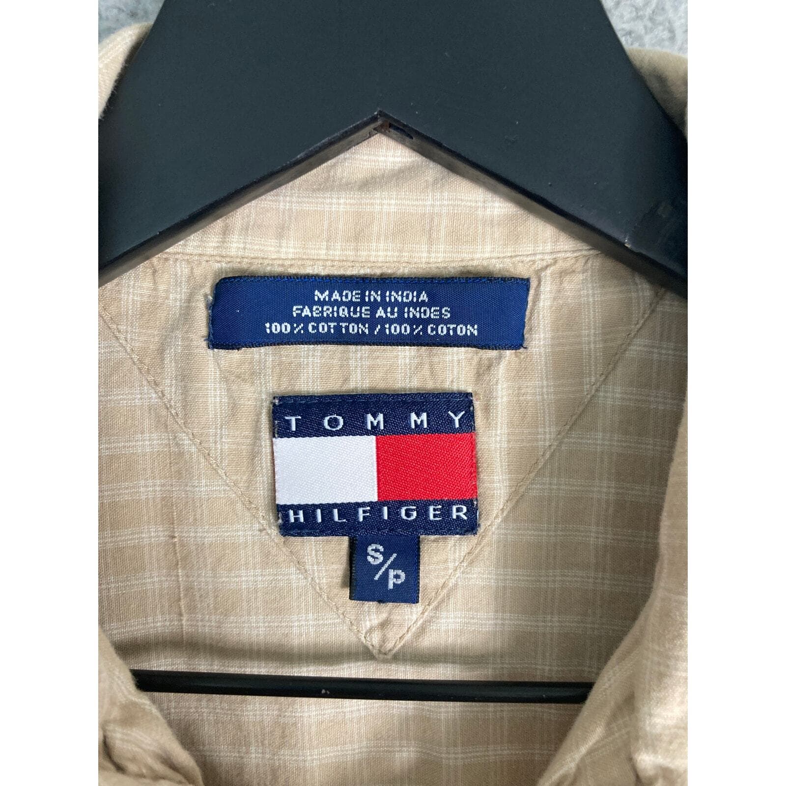 Tommy Hilfiger Mens Small Beige Gingham Check Short Sleeve Palm Tree Button Tee - Thumbnail 3