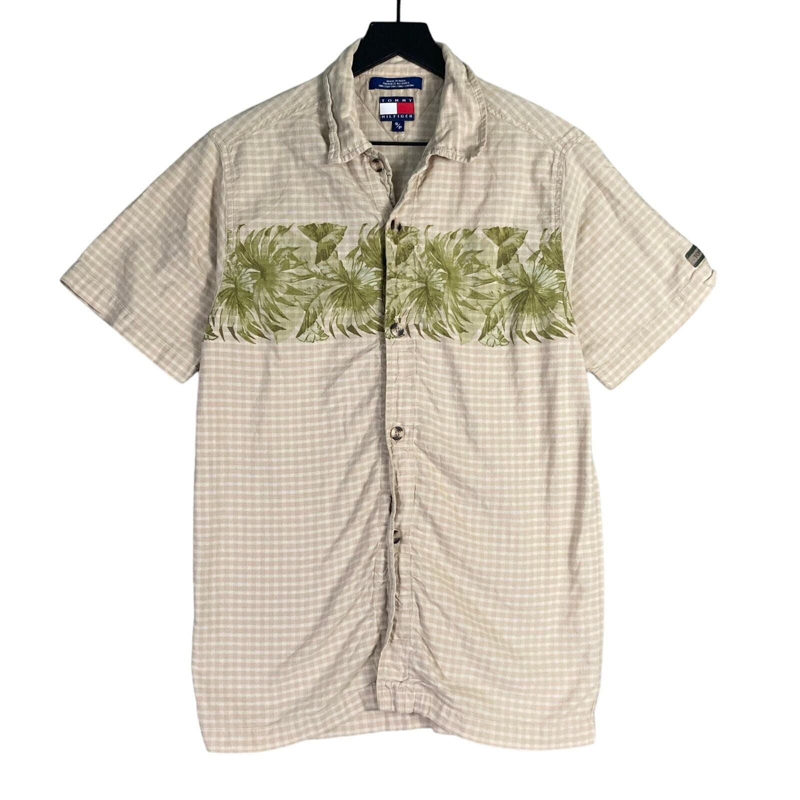 Tommy Hilfiger Mens Small Beige Gingham Check Short Sleeve Palm Tree Button Tee - Thumbnail 2