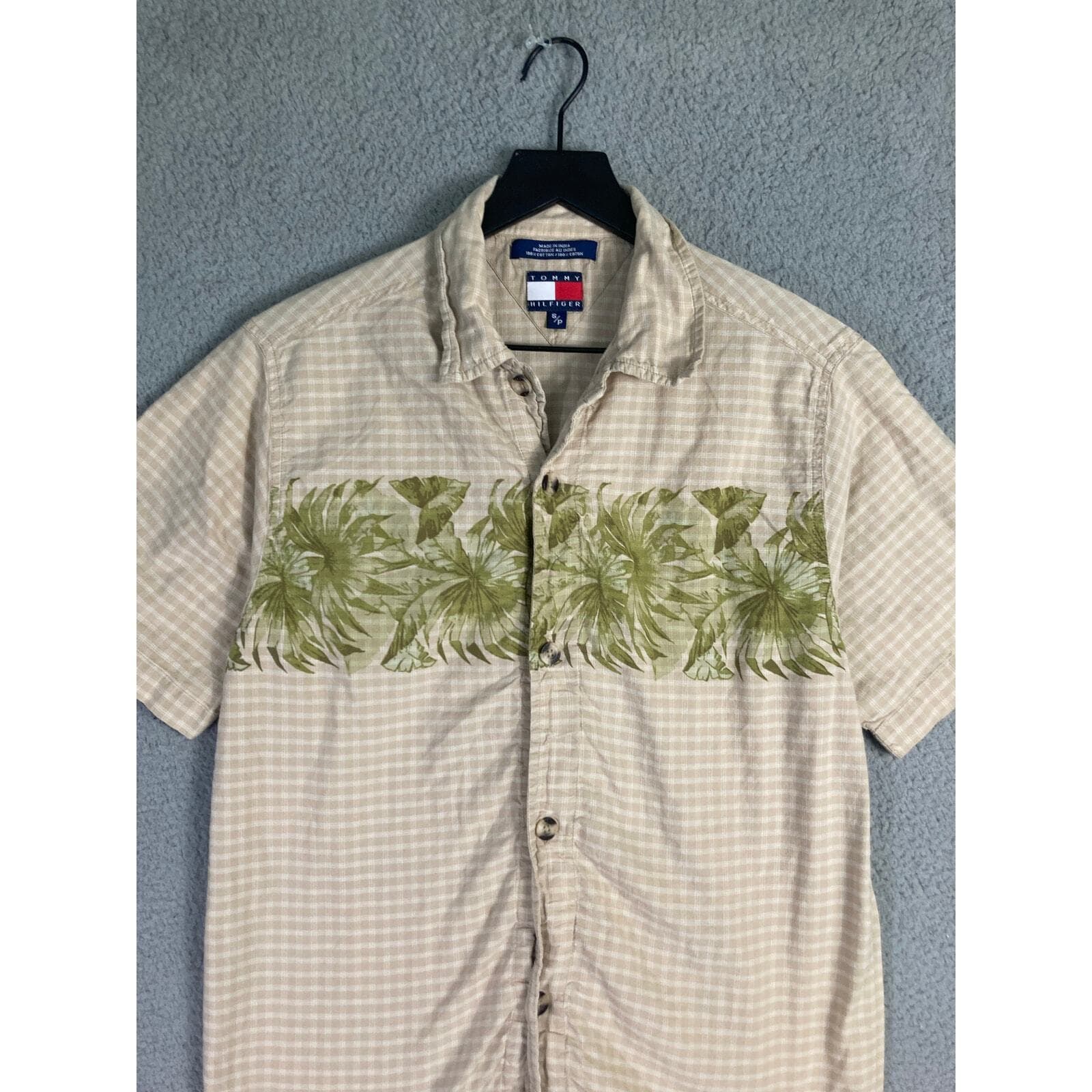 Tommy Hilfiger Mens Small Beige Gingham Check Short Sleeve Palm Tree Button Tee - Thumbnail 8