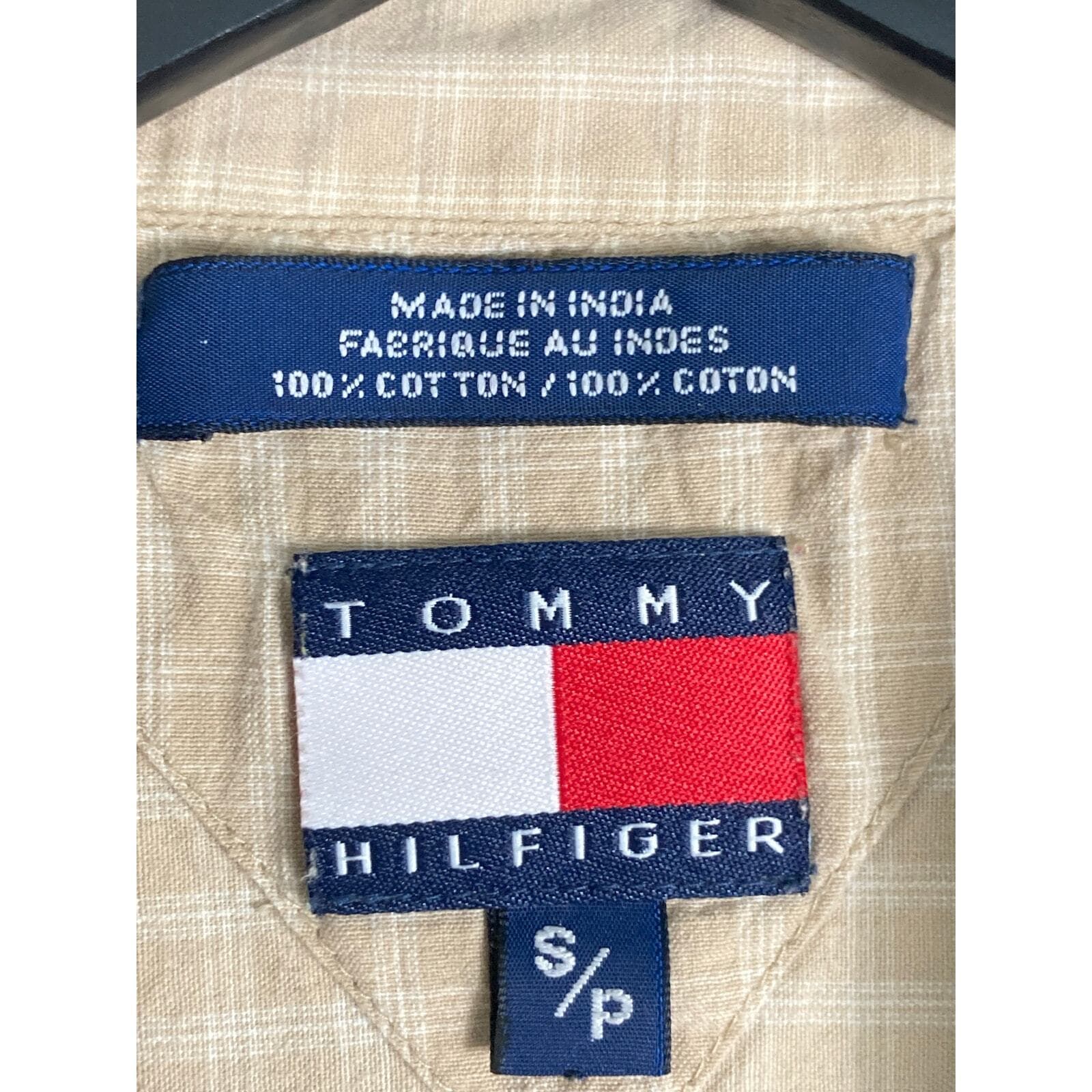 Tommy Hilfiger Mens Small Beige Gingham Check Short Sleeve Palm Tree Button Tee - Thumbnail 4
