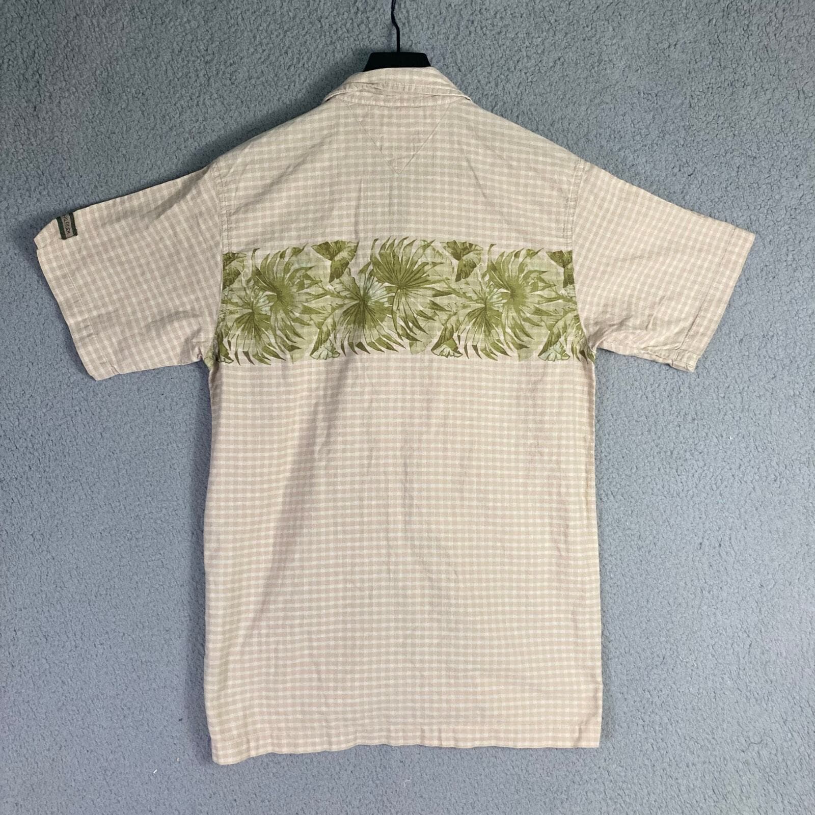 Tommy Hilfiger Mens Small Beige Gingham Check Short Sleeve Palm Tree Button Tee - Thumbnail 6