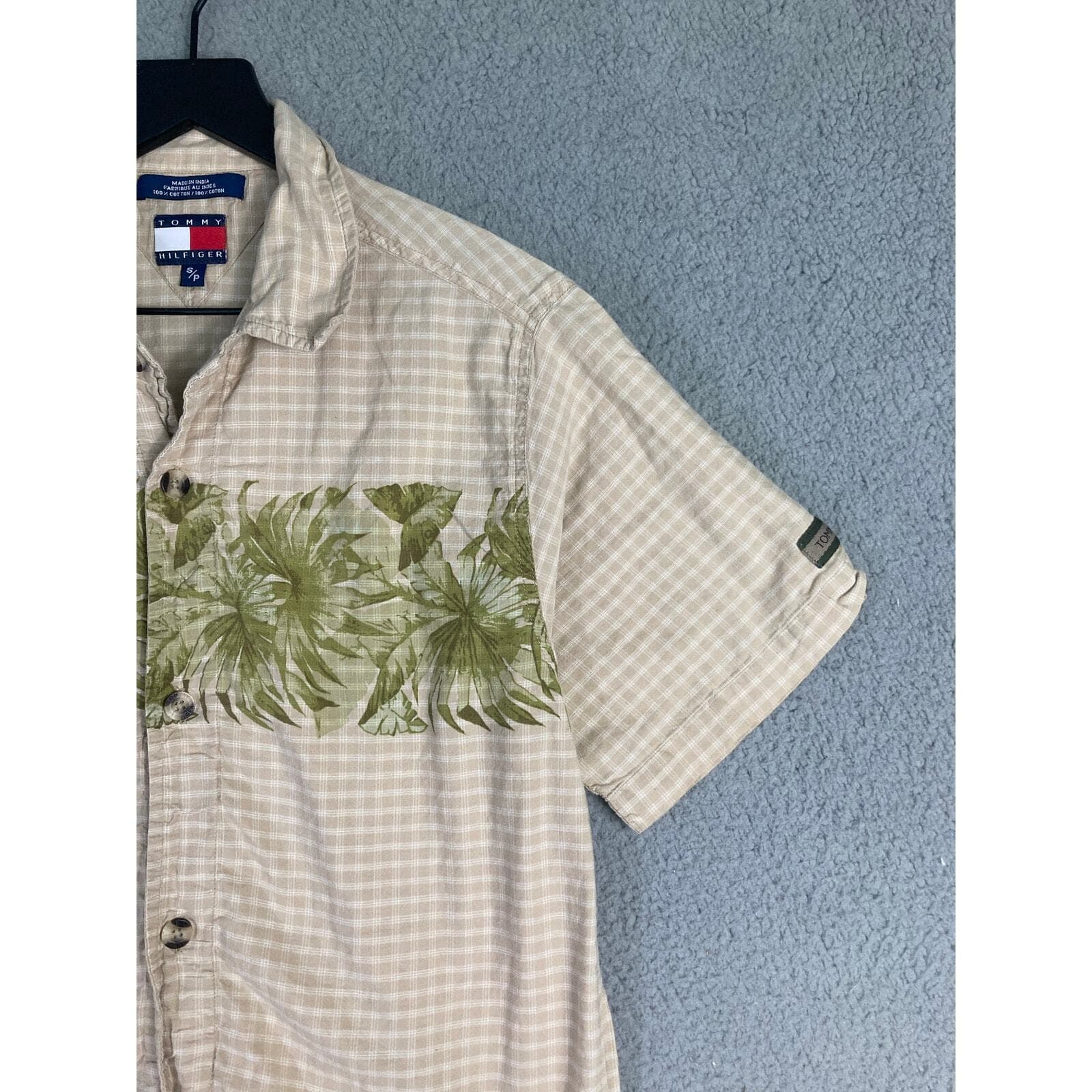 Tommy Hilfiger Mens Small Beige Gingham Check Short Sleeve Palm Tree Button Tee - Thumbnail 5