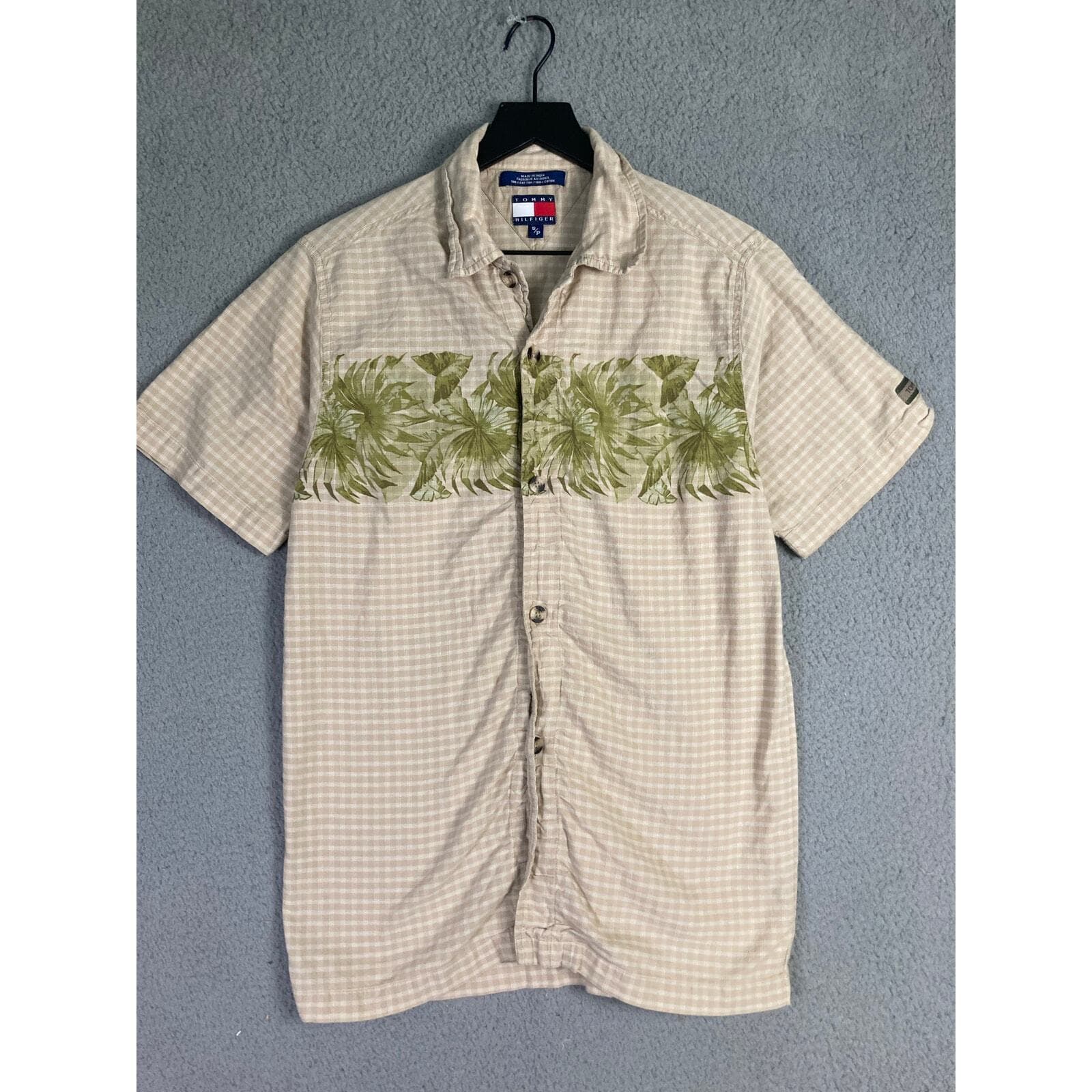 Tommy Hilfiger Mens Small Beige Gingham Check Short Sleeve Palm Tree Button Tee - Thumbnail 7
