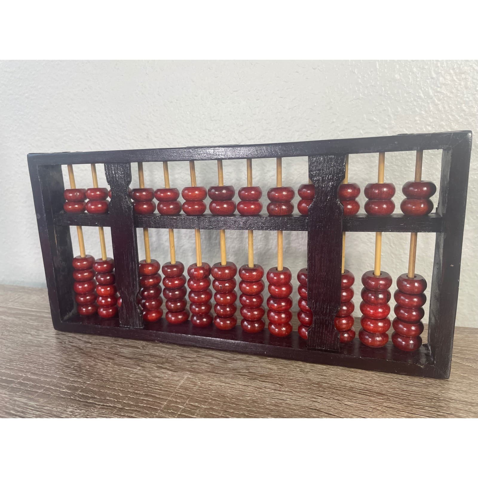Vintage Chinese Abacus Wood 13 Column Red Black Beads Asian Math Decor - Thumbnail 6