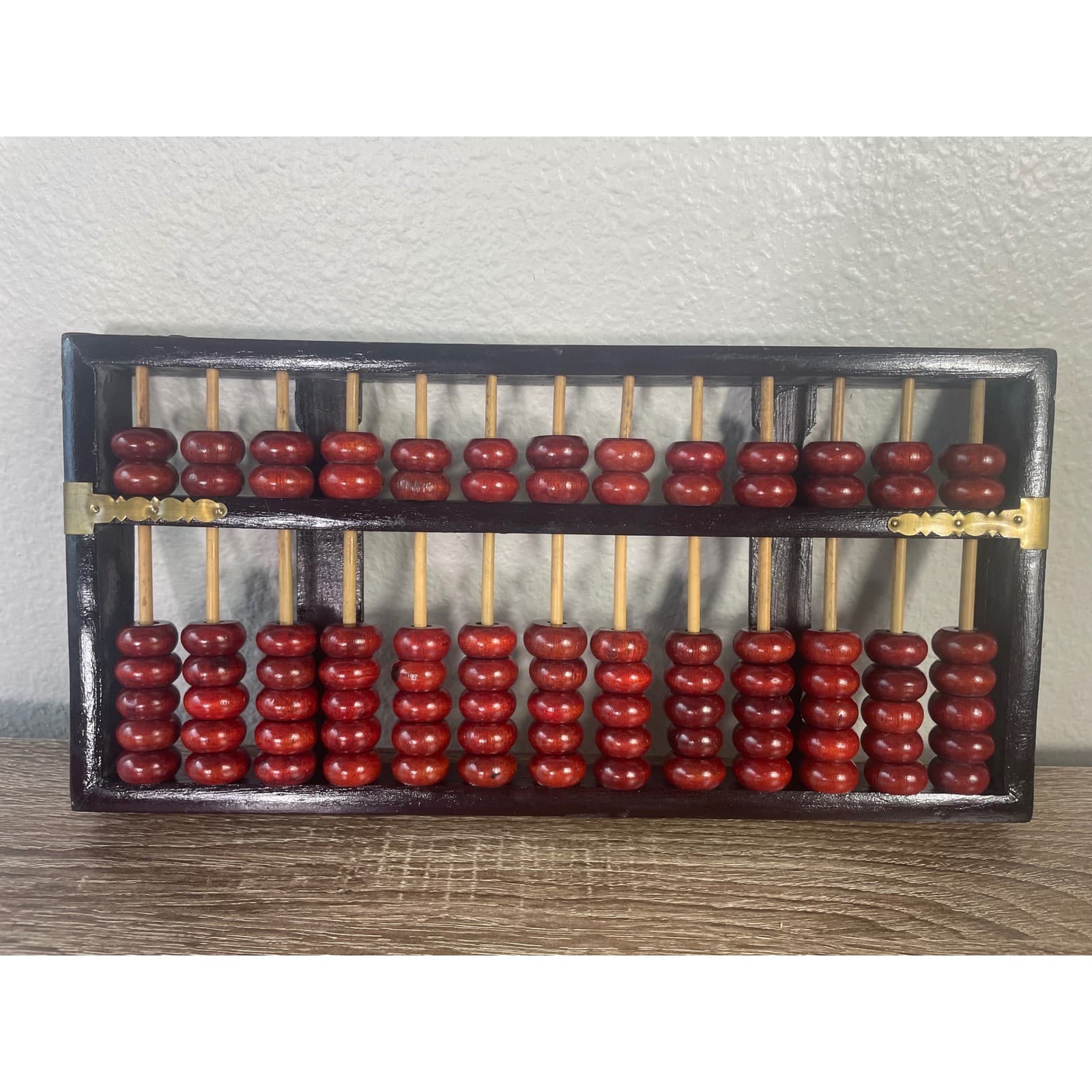 Vintage Chinese Abacus Wood 13 Column Red Black Beads Asian Math Decor - Thumbnail 8