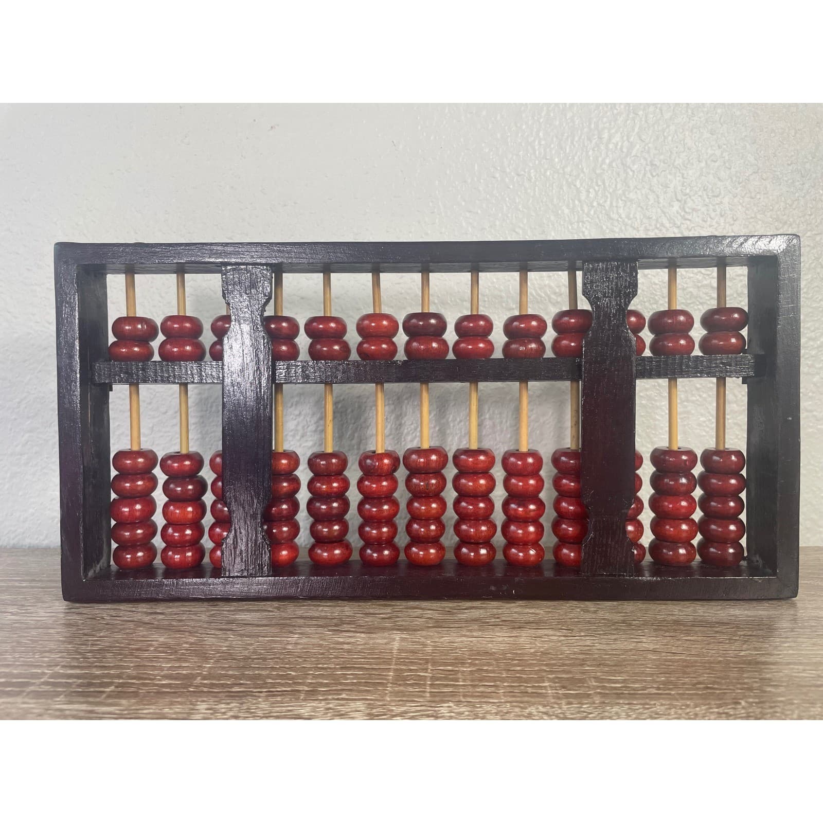 Vintage Chinese Abacus Wood 13 Column Red Black Beads Asian Math Decor - Thumbnail 5