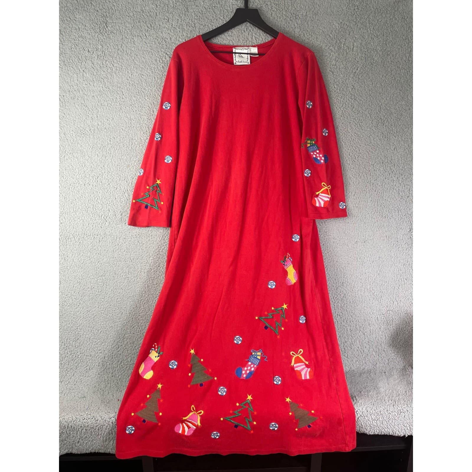 Vintage 90s Michael Simon Lite Christmas Maxi Dress XL Red Novelty Knit - Thumbnail 4