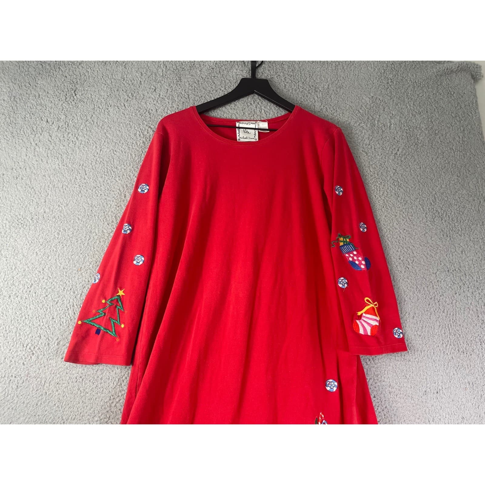 Vintage 90s Michael Simon Lite Christmas Maxi Dress XL Red Novelty Knit - Thumbnail 7
