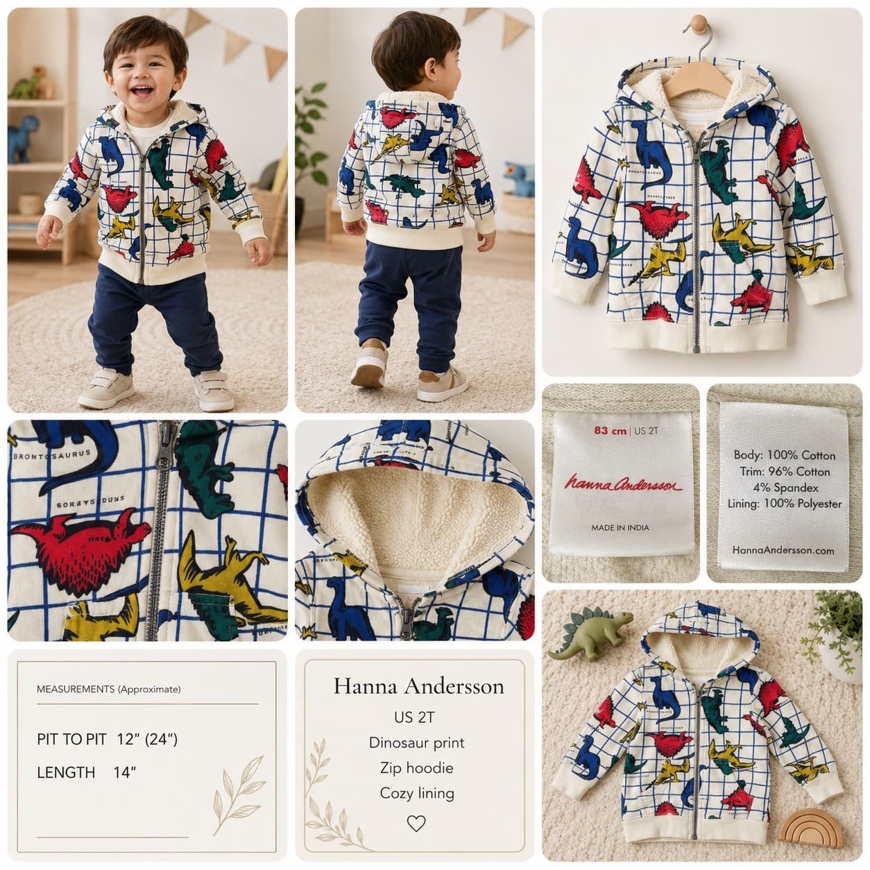 Hanna Andersson Dinosaur Hoodie Kids 2T Sherpa Lined Zip Jacket Cream Blue Red - Thumbnail 2