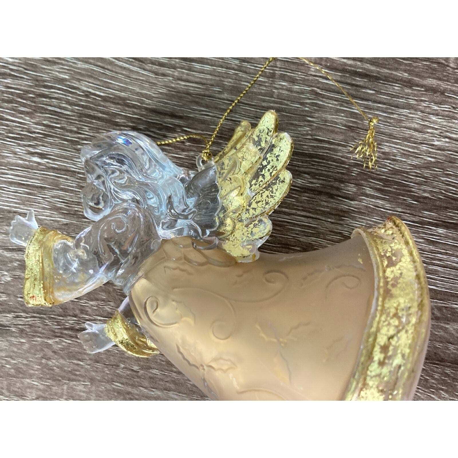 Vintage Clear Acrylic Angel Ornament with Gold Wings Christmas Decor - Thumbnail 5