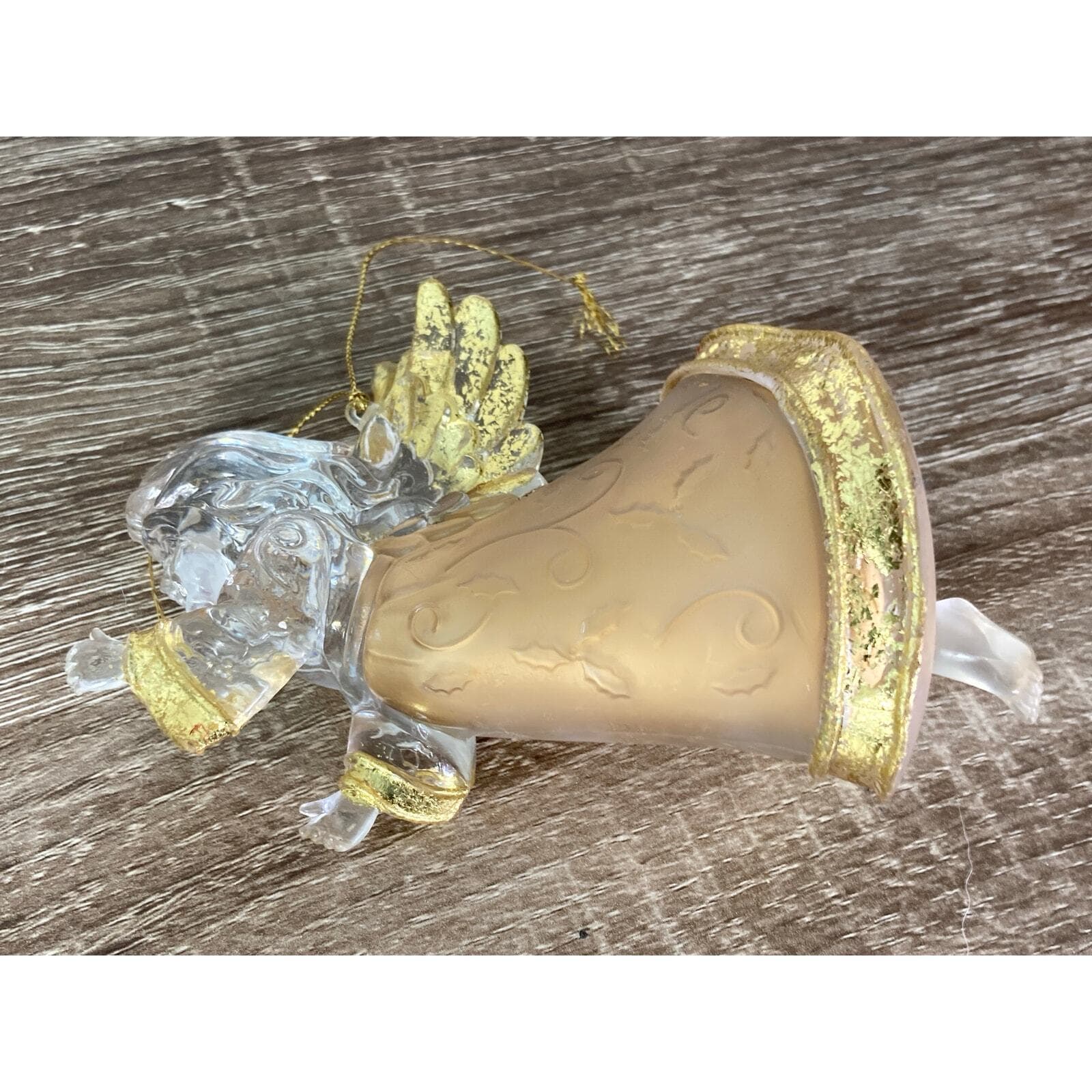 Vintage Clear Acrylic Angel Ornament with Gold Wings Christmas Decor - Thumbnail 3