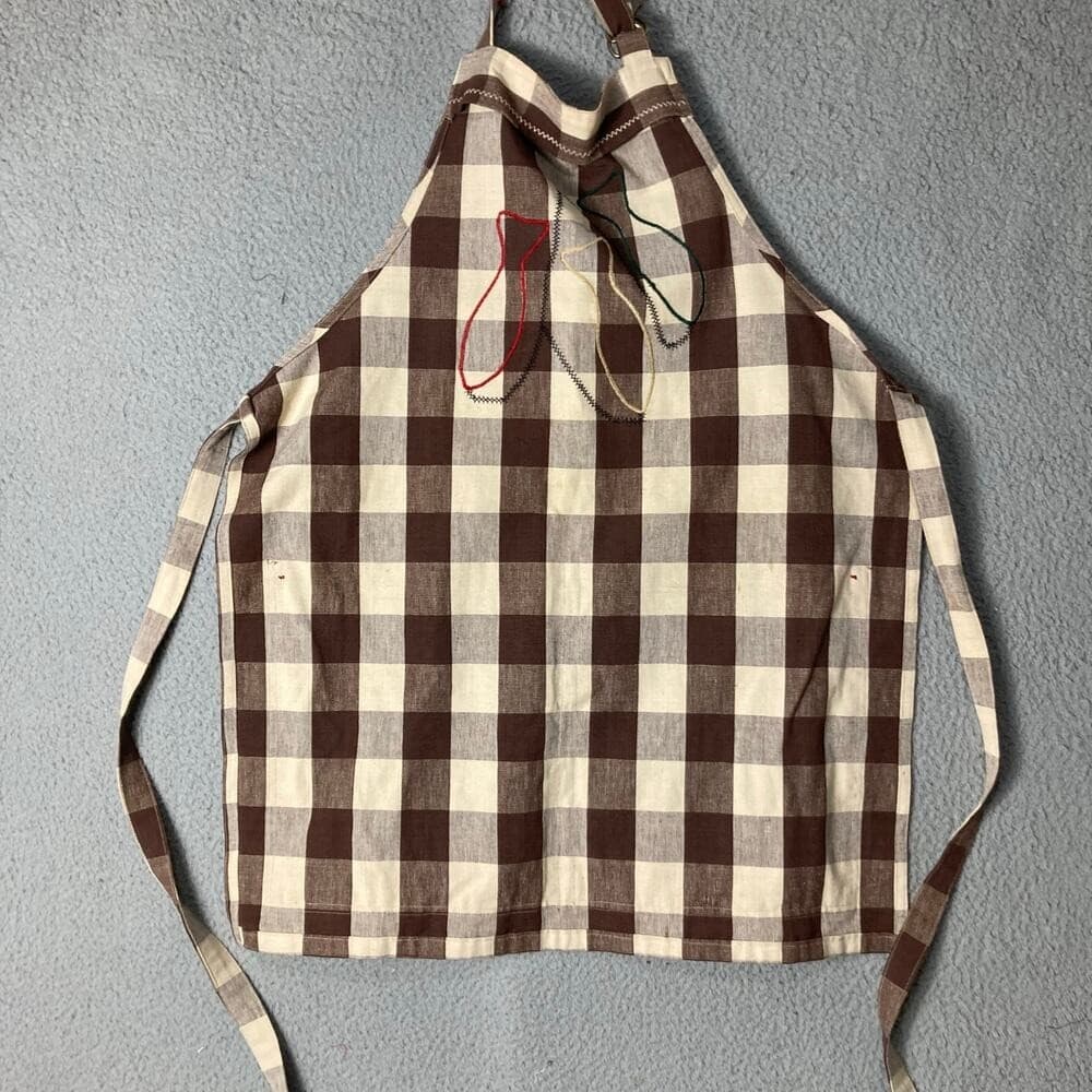 Vintage Handmade Fishing Tackle Apron Brown Gingham Check Retro Pocket Grilling - Thumbnail 3