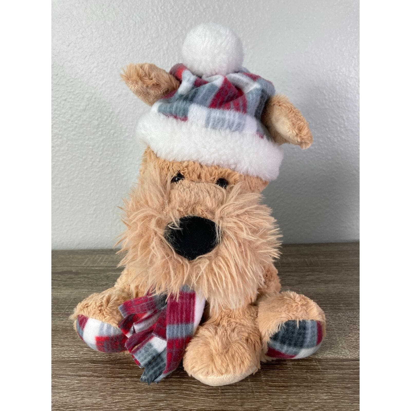 Gentle Treasures Dog Plush Winter Medium Brown with Plaid Hat & Scarf - Thumbnail 3