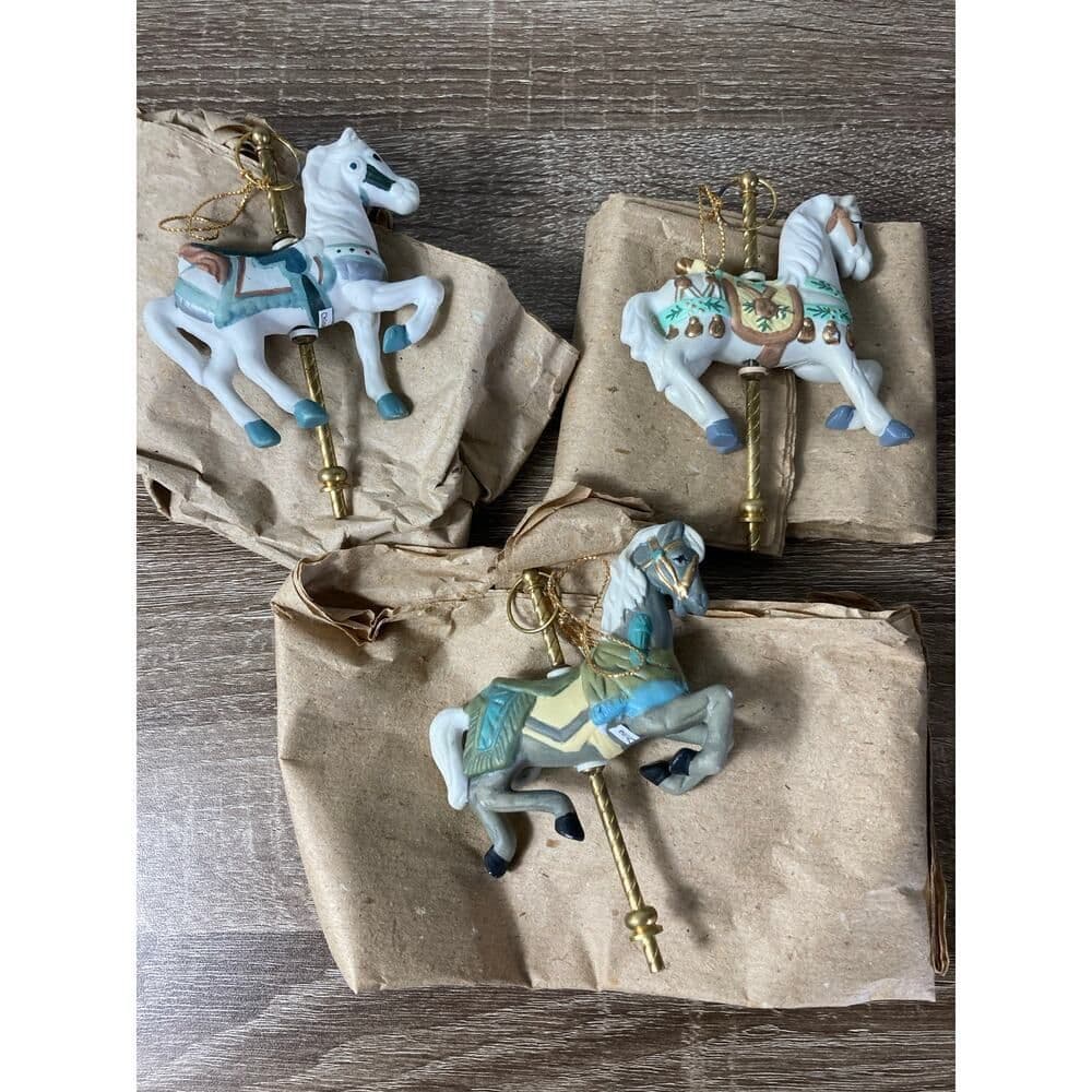 Holiday Classics Carousel Ornament Set of 3 Hand-Painted Porcelain Brass 1992 - Thumbnail 2