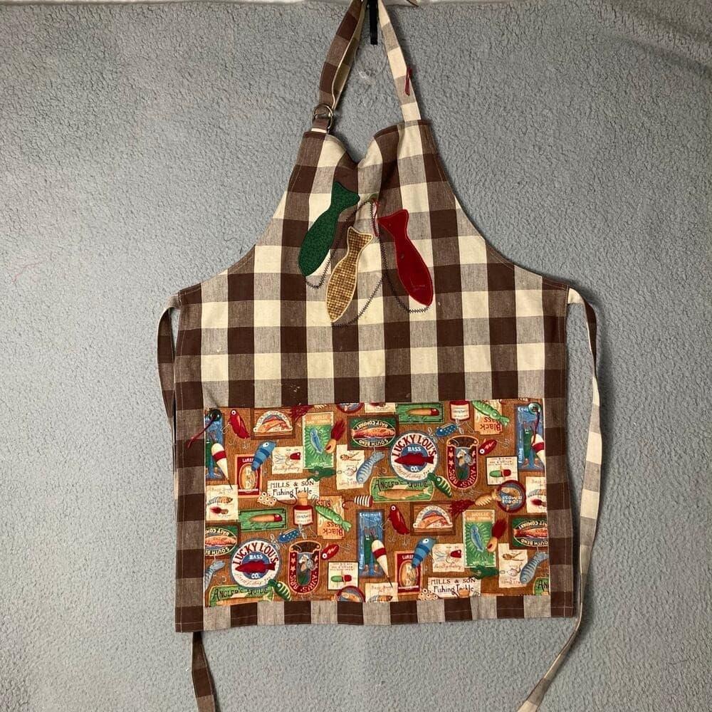 Vintage Handmade Fishing Tackle Apron Brown Gingham Check Retro Pocket Grilling - Thumbnail 4