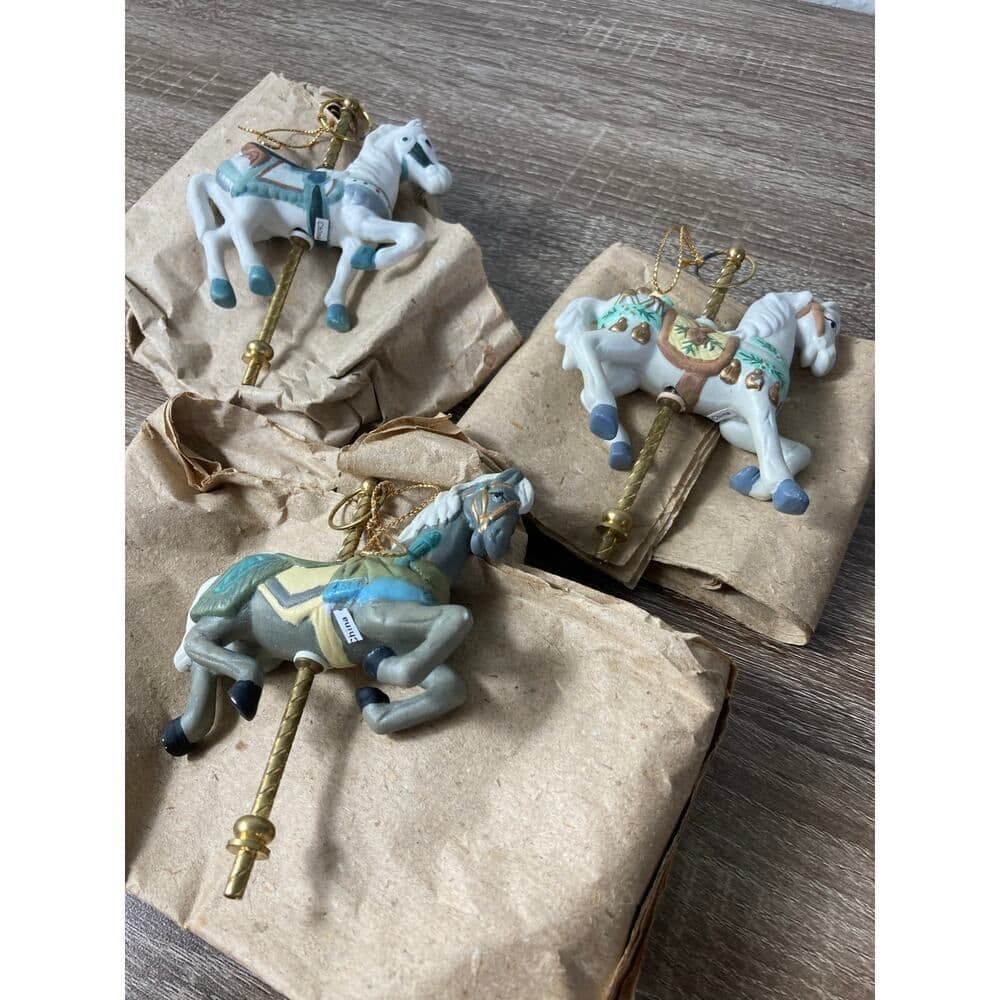 Holiday Classics Carousel Ornament Set of 3 Hand-Painted Porcelain Brass 1992 - Thumbnail 3