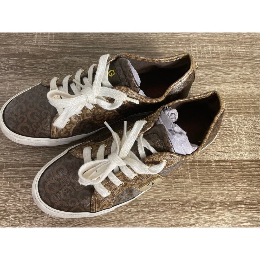 GUESS Los Angeles Monogram Logo Sneakers Brown White Lace Up Womens 9.5M - Thumbnail 4