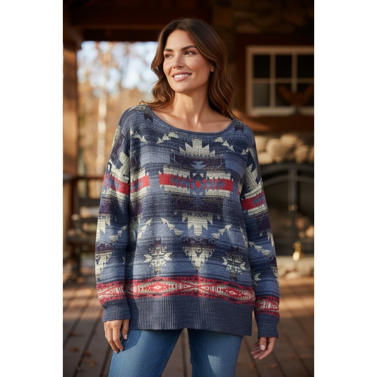 Denim Supply Ralph Lauren Southwestern Tribal Knit Sweater Women's M Blue Red