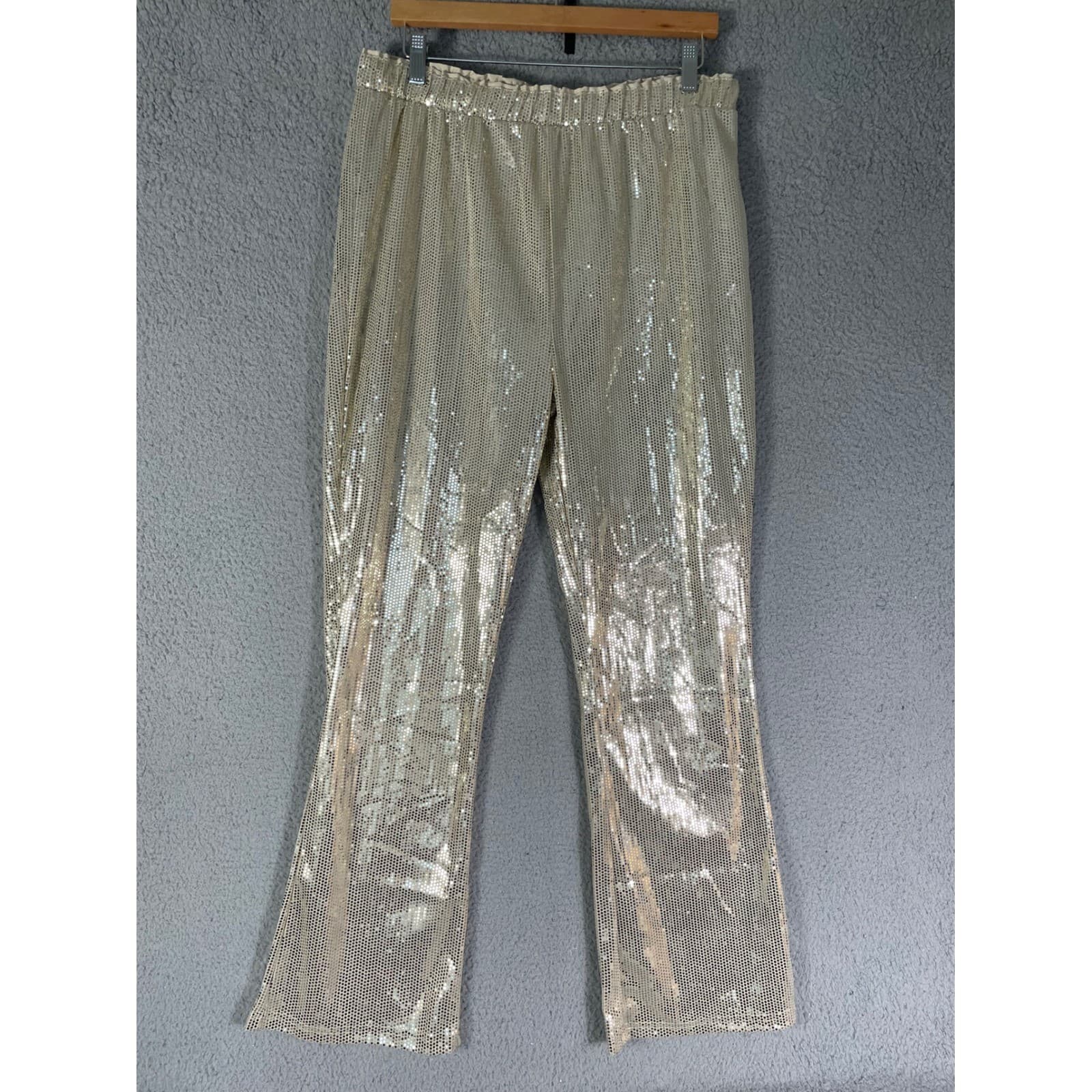 Gold Sequin Flare Bell Bottom Pants Women's M High Rise Sparkle Holiday Party - Thumbnail 6