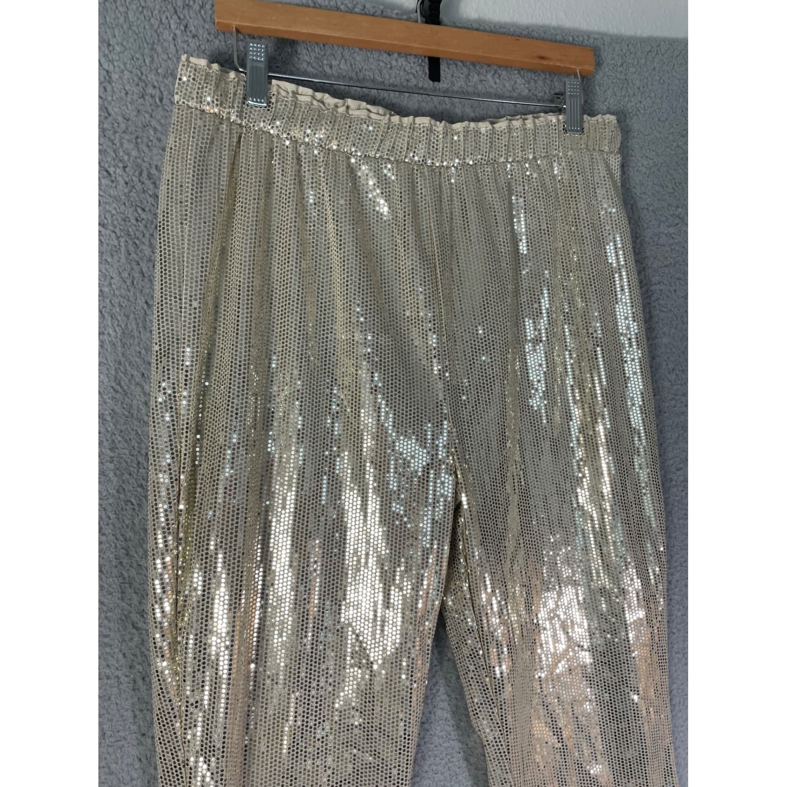 Gold Sequin Flare Bell Bottom Pants Women's M High Rise Sparkle Holiday Party - Thumbnail 8
