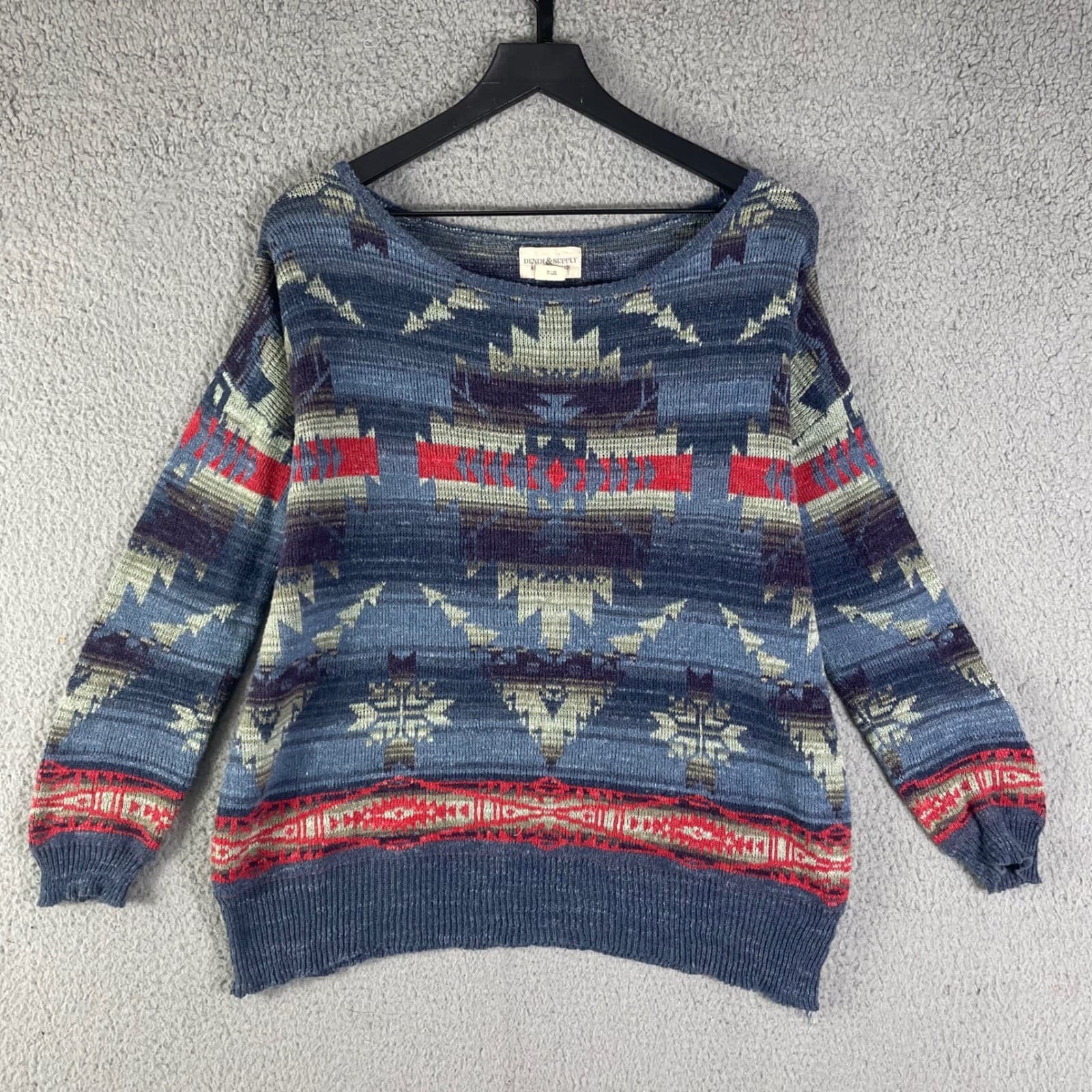 Denim Supply Ralph Lauren Southwestern Tribal Knit Sweater Women's M Blue Red - Thumbnail 6