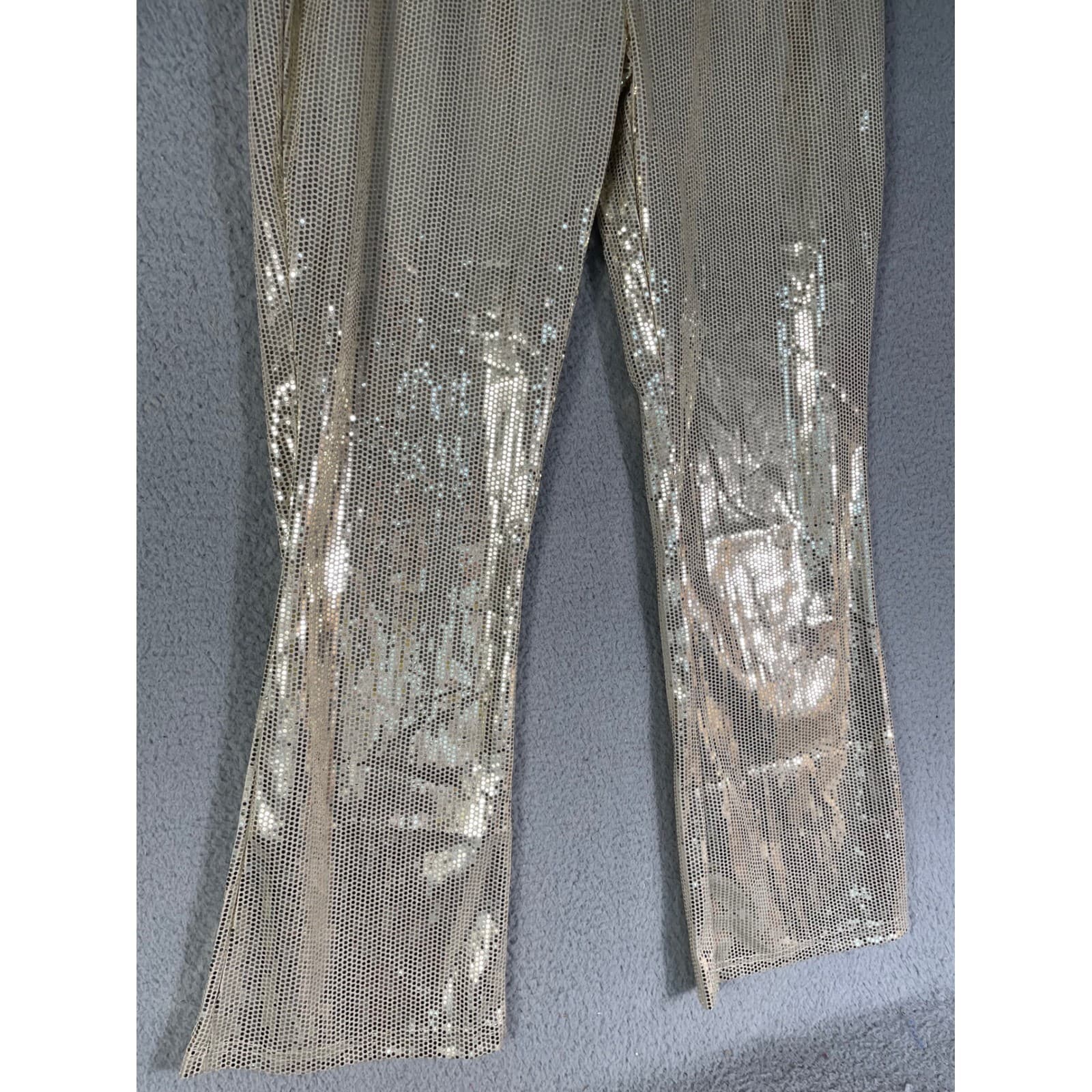 Gold Sequin Flare Bell Bottom Pants Women's M High Rise Sparkle Holiday Party - Thumbnail 9