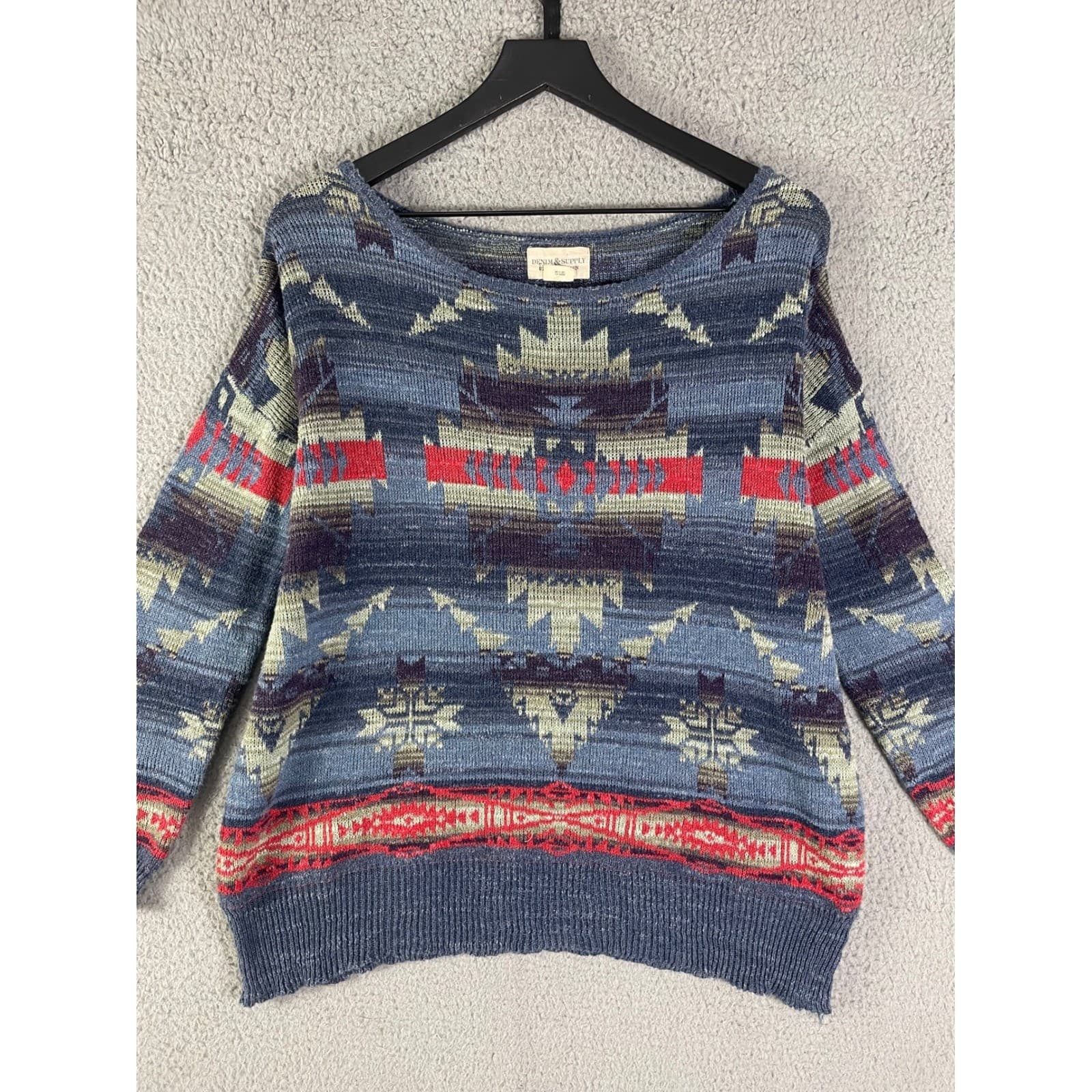 Denim Supply Ralph Lauren Southwestern Tribal Knit Sweater Women's M Blue Red - Thumbnail 8