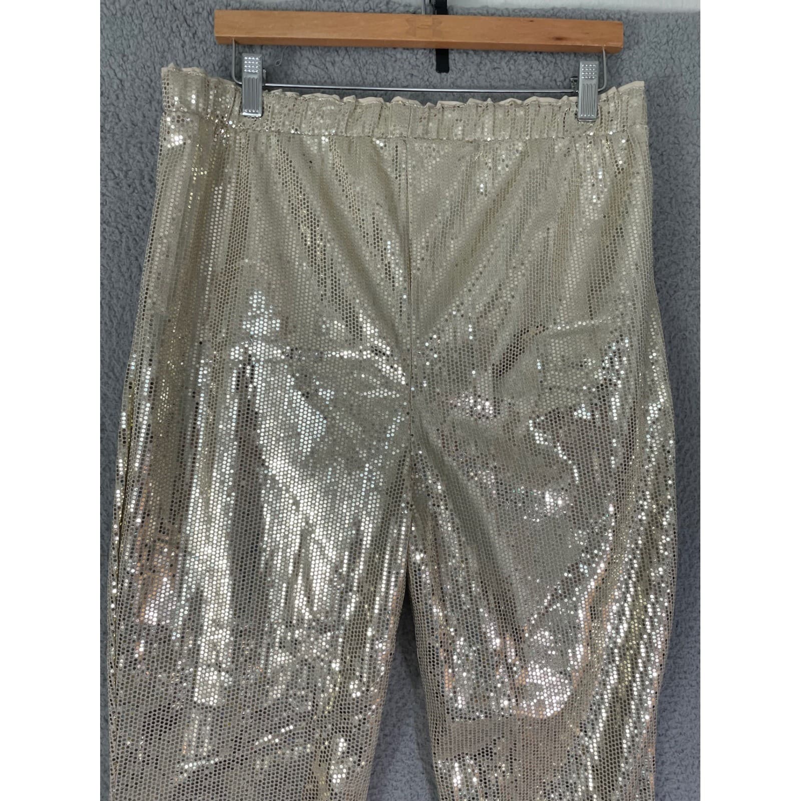 Gold Sequin Flare Bell Bottom Pants Women's M High Rise Sparkle Holiday Party - Thumbnail 12