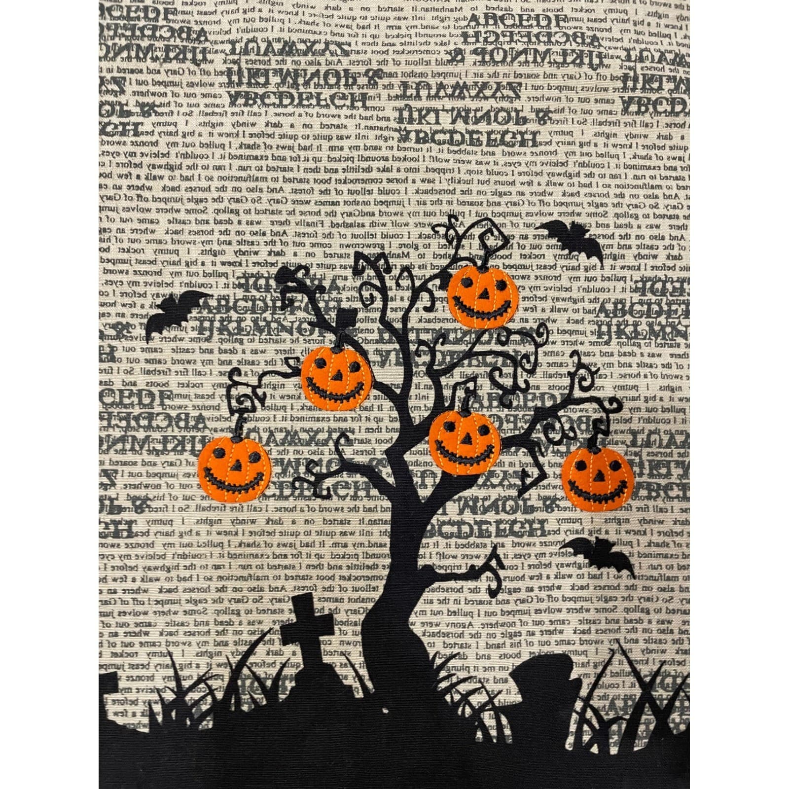 Halloween Table Runner Black Pumpkin Tree Newsprint Lace Edge Decor Vintage - Thumbnail 2