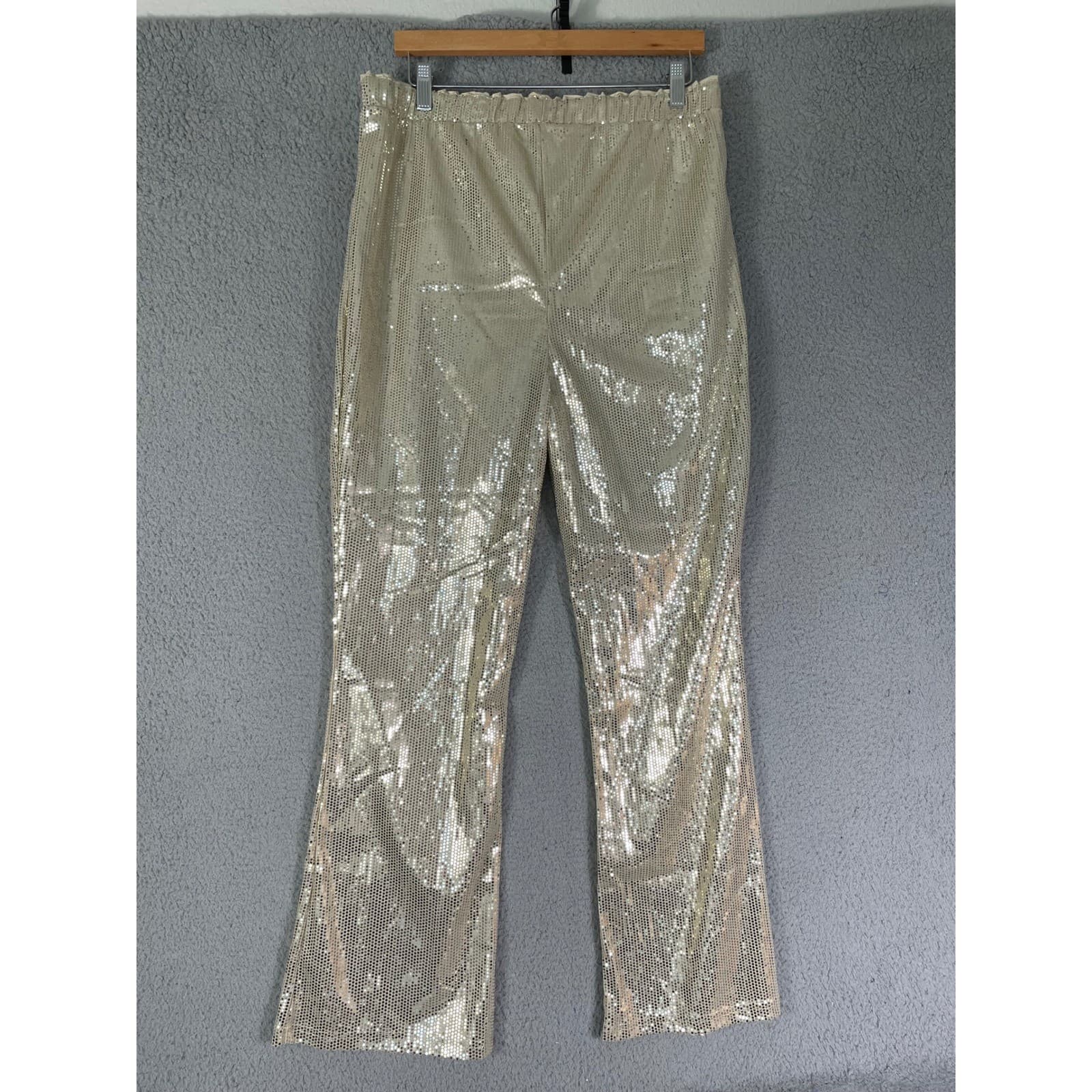 Gold Sequin Flare Bell Bottom Pants Women's M High Rise Sparkle Holiday Party - Thumbnail 7