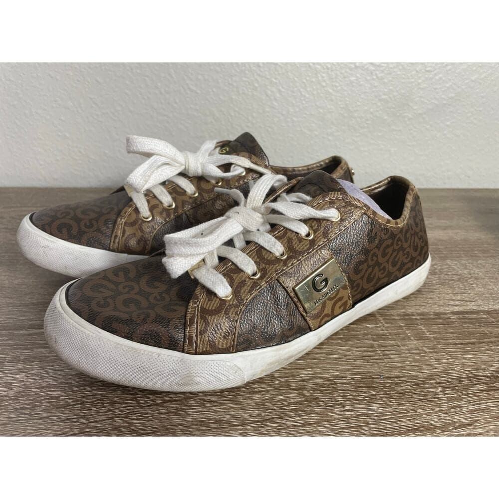 GUESS Los Angeles Monogram Logo Sneakers Brown White Lace Up Womens 9.5M - Thumbnail 2