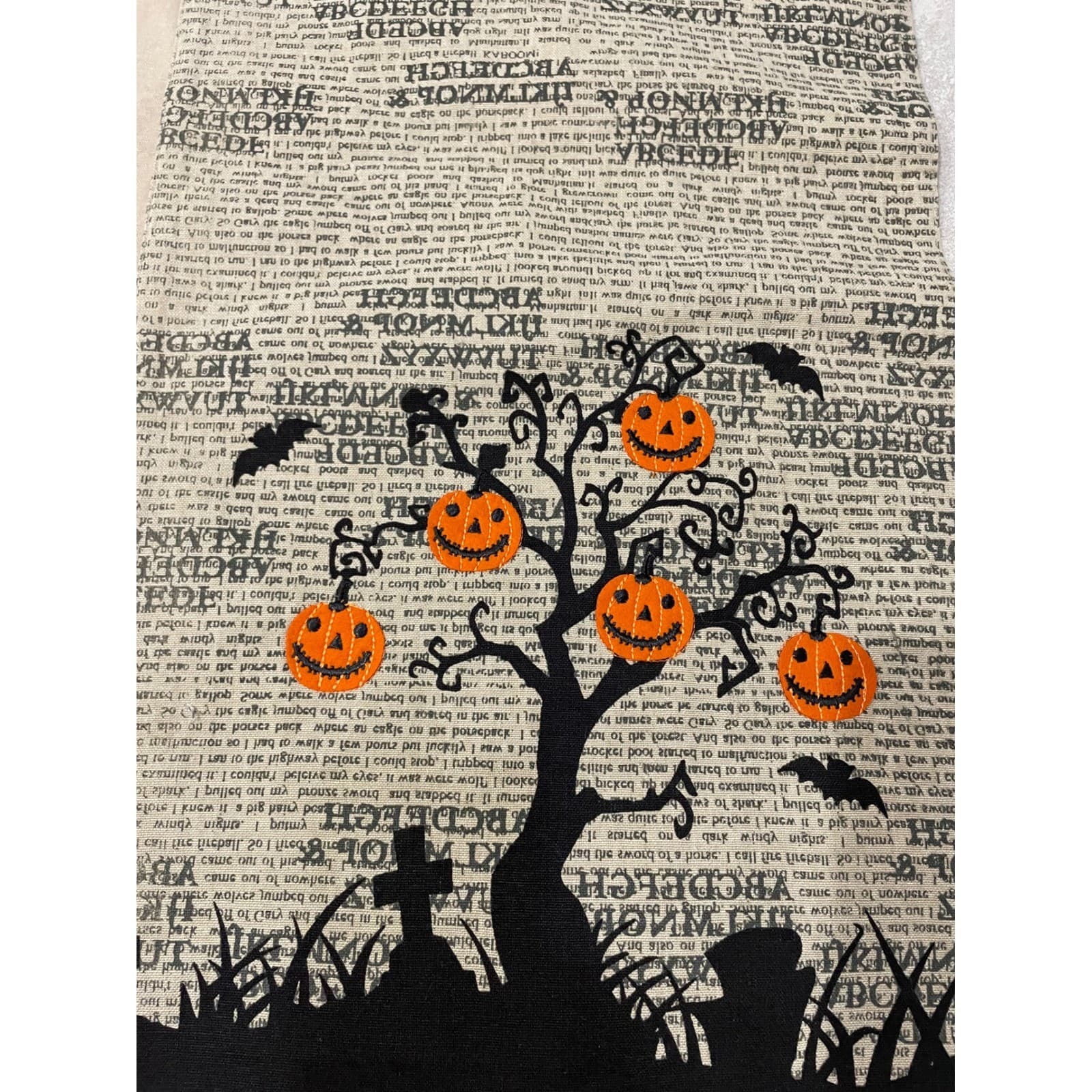 Halloween Table Runner Black Pumpkin Tree Newsprint Lace Edge Decor Vintage - Thumbnail 9