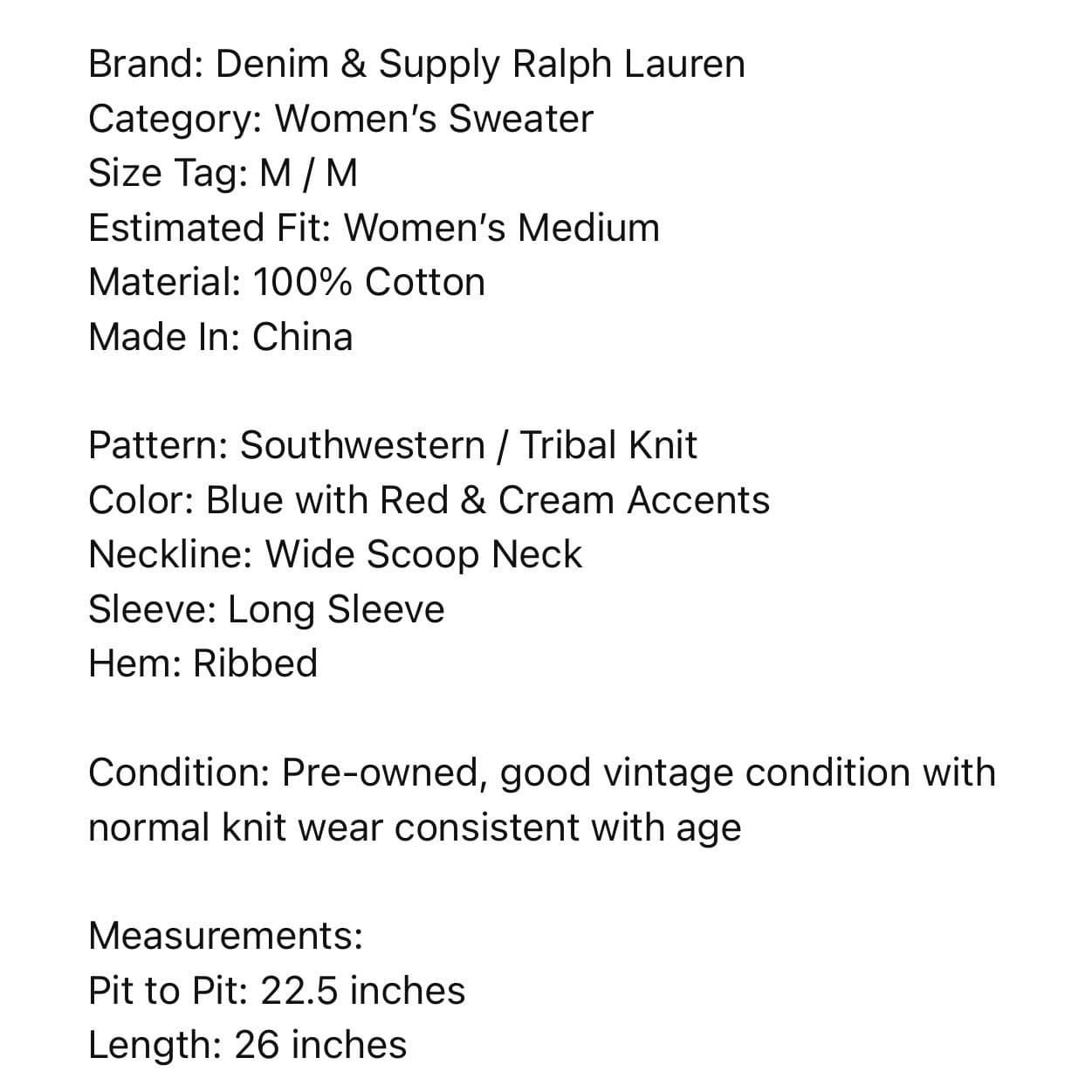 Denim Supply Ralph Lauren Southwestern Tribal Knit Sweater Women's M Blue Red - Thumbnail 3
