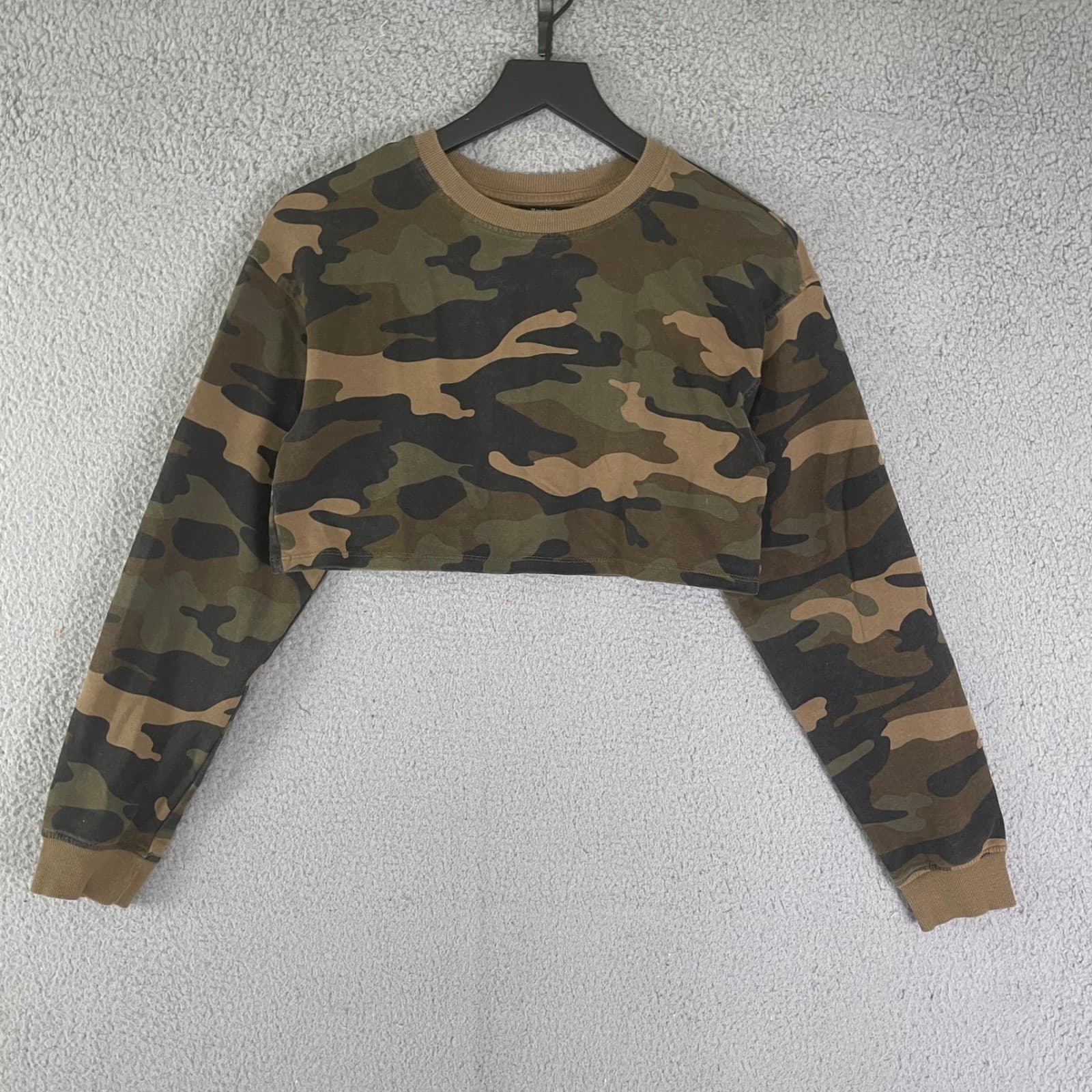 Bershka Camouflage Crop Sweatshirt Crewneck Long Sleeve Women XS Green Brown - Thumbnail 7
