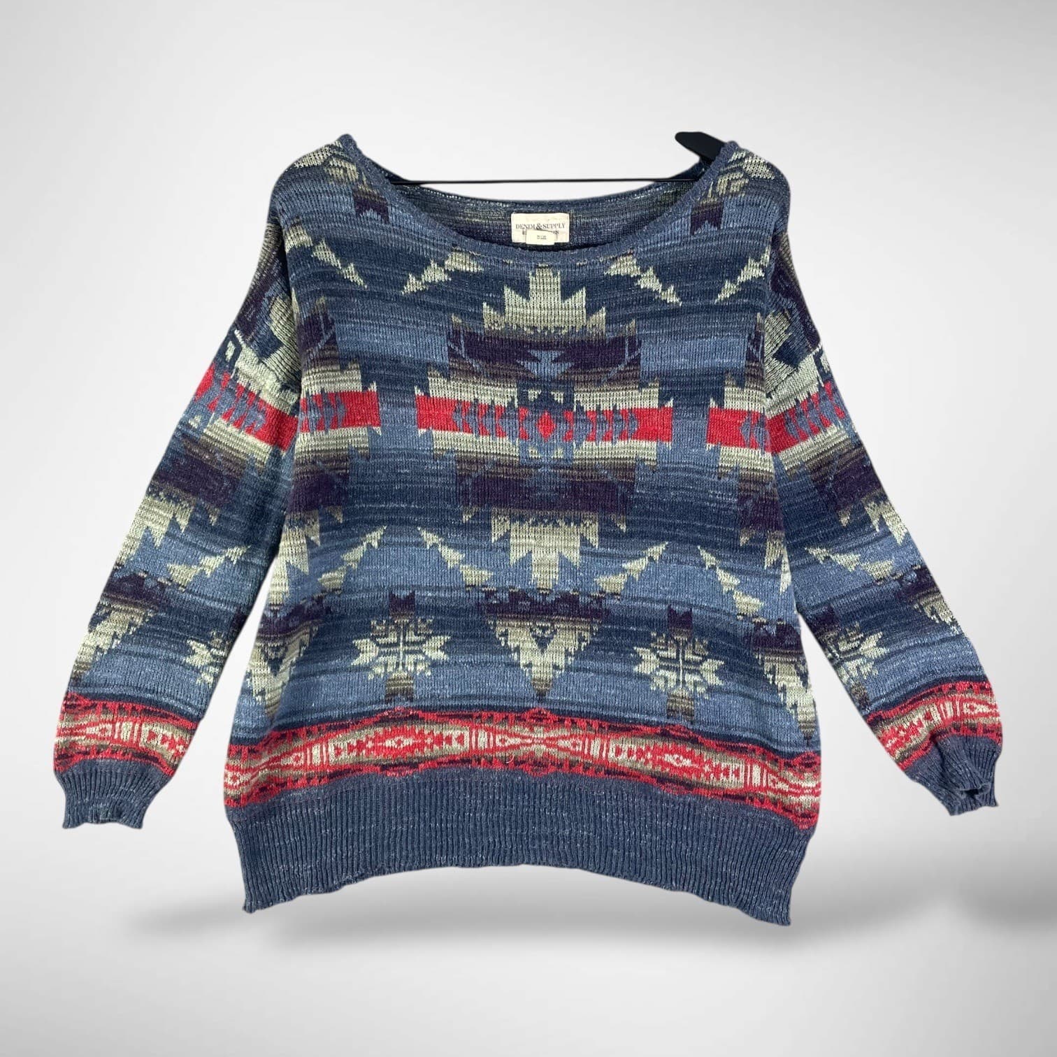 Denim Supply Ralph Lauren Southwestern Tribal Knit Sweater Women's M Blue Red - Thumbnail 2
