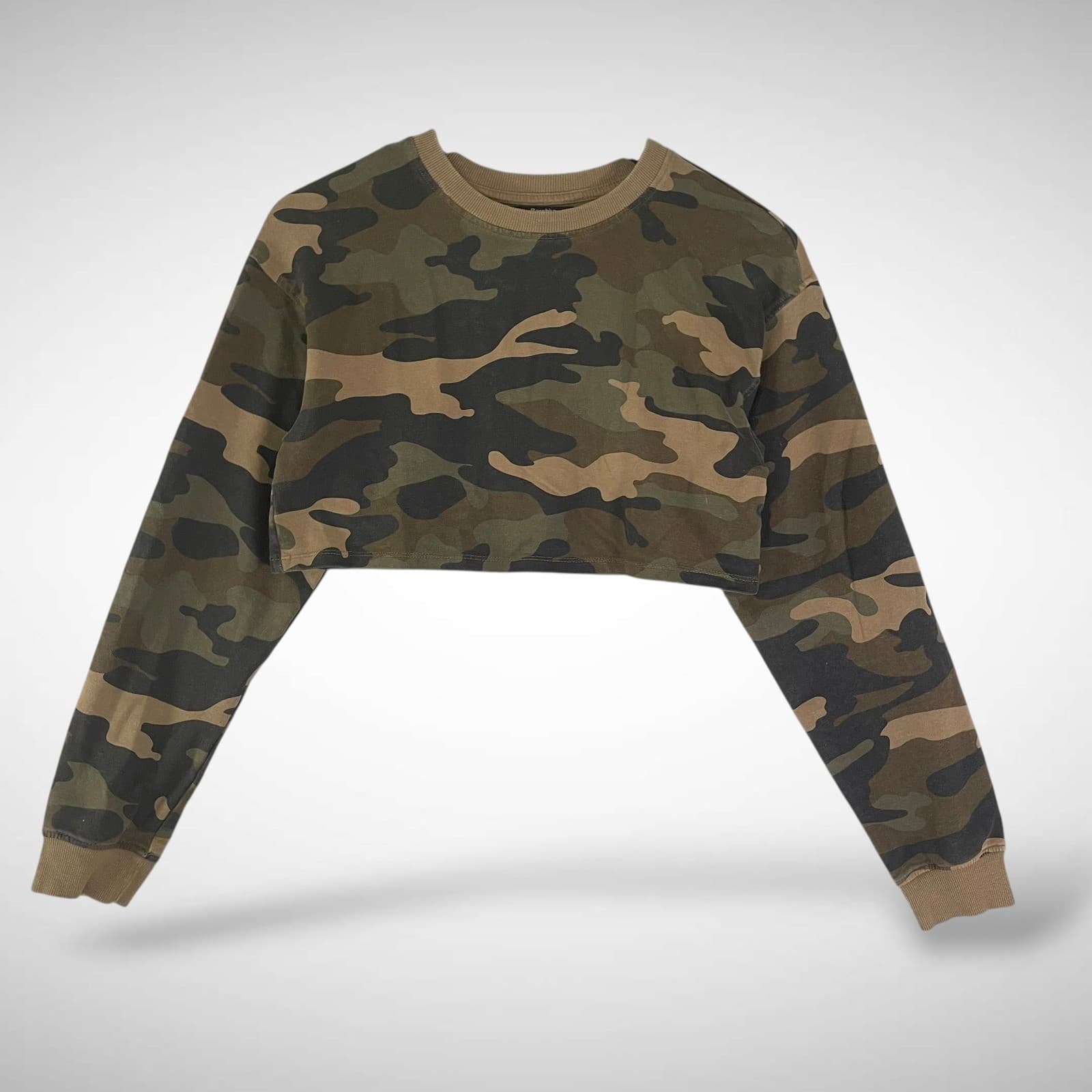 Bershka Camouflage Crop Sweatshirt Crewneck Long Sleeve Women XS Green Brown