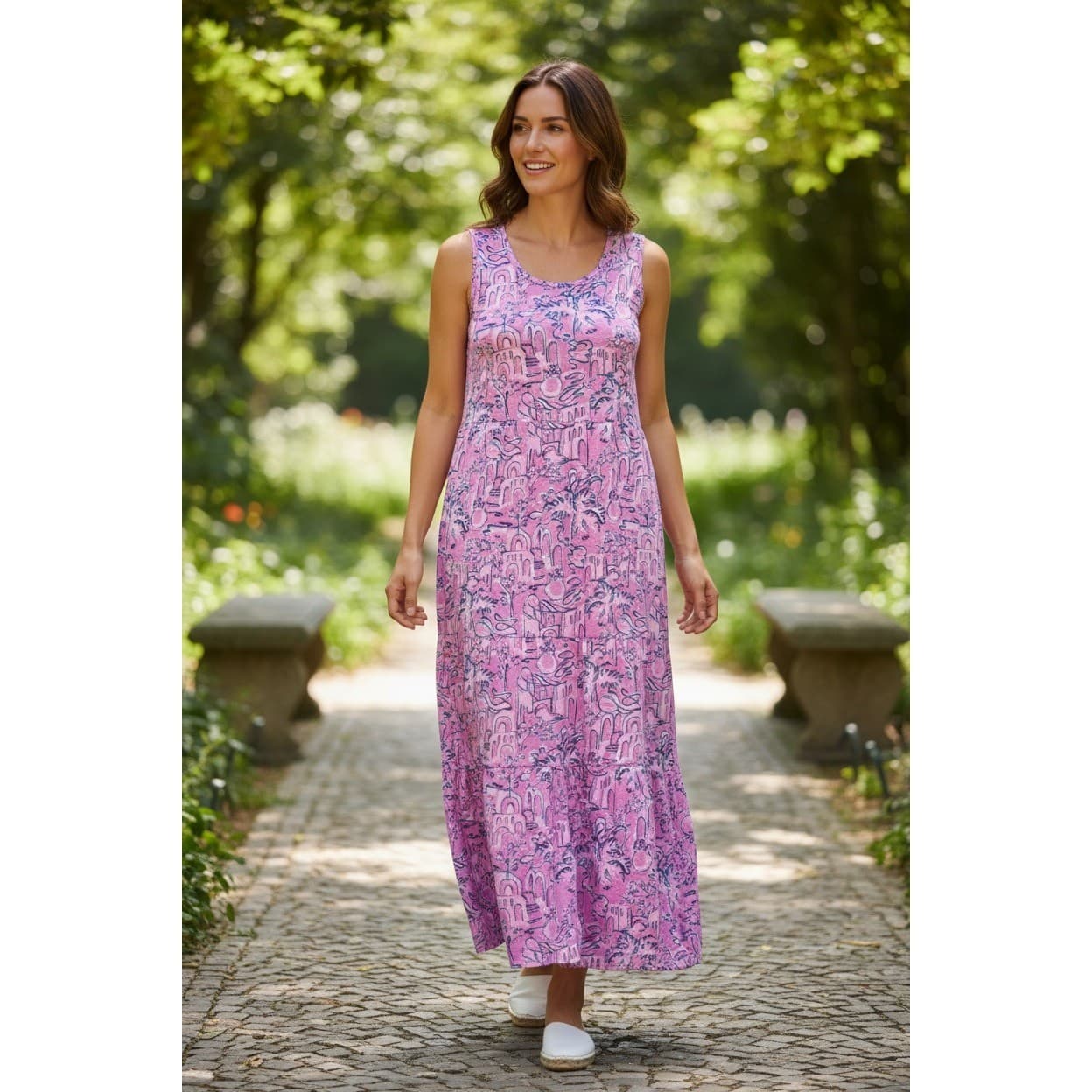 Sleeveless Tiered Maxi Dress Pink Blue Abstract Print Summer Small d&Co Beach - Thumbnail 2