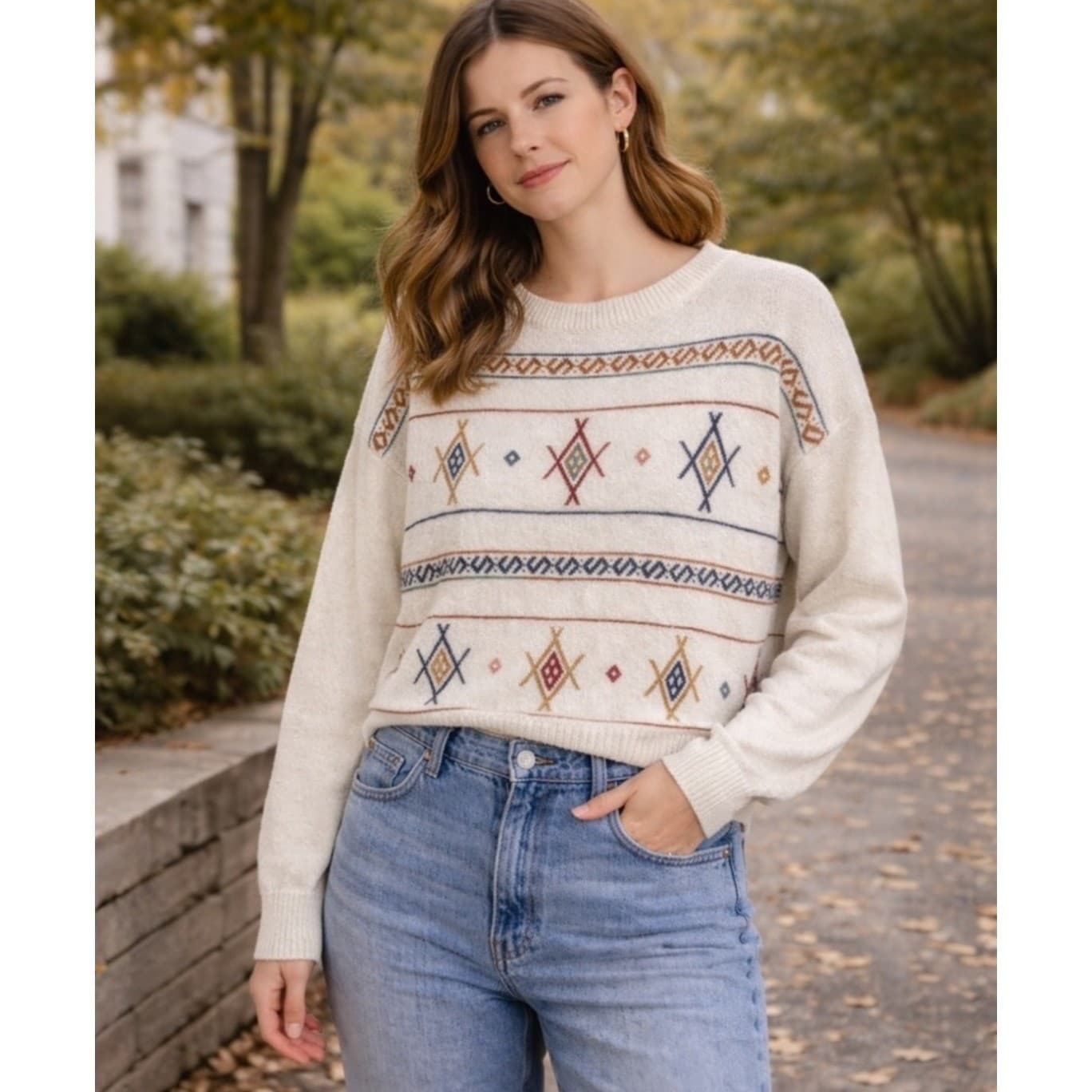 Madewell Women's M Cream Geometric Print Crew Neck Long Sleeve Sweater Top