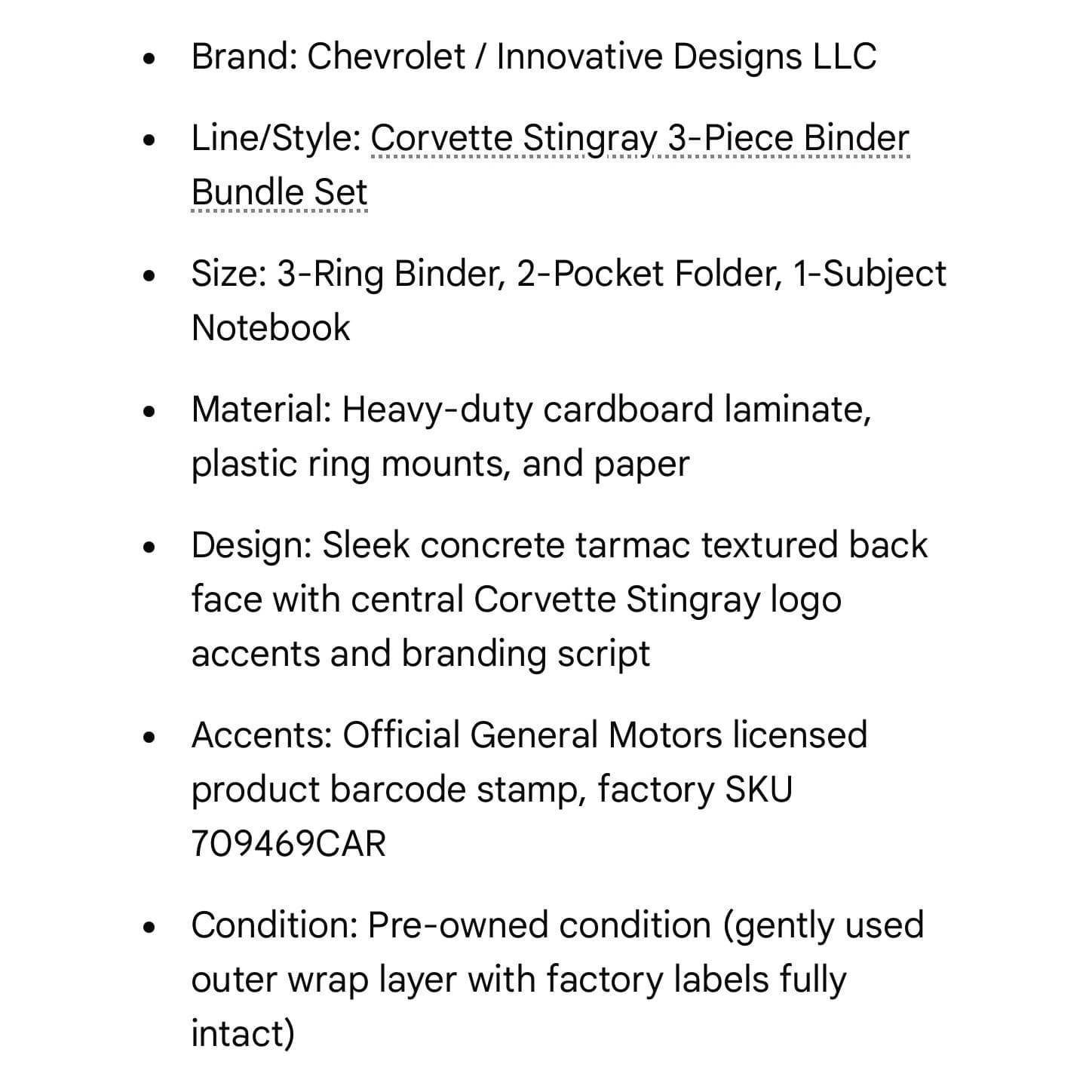 Corvette Stingray Binder 3 Ring Chevrolet Chevy C7 School Notebook Folder - Thumbnail 2