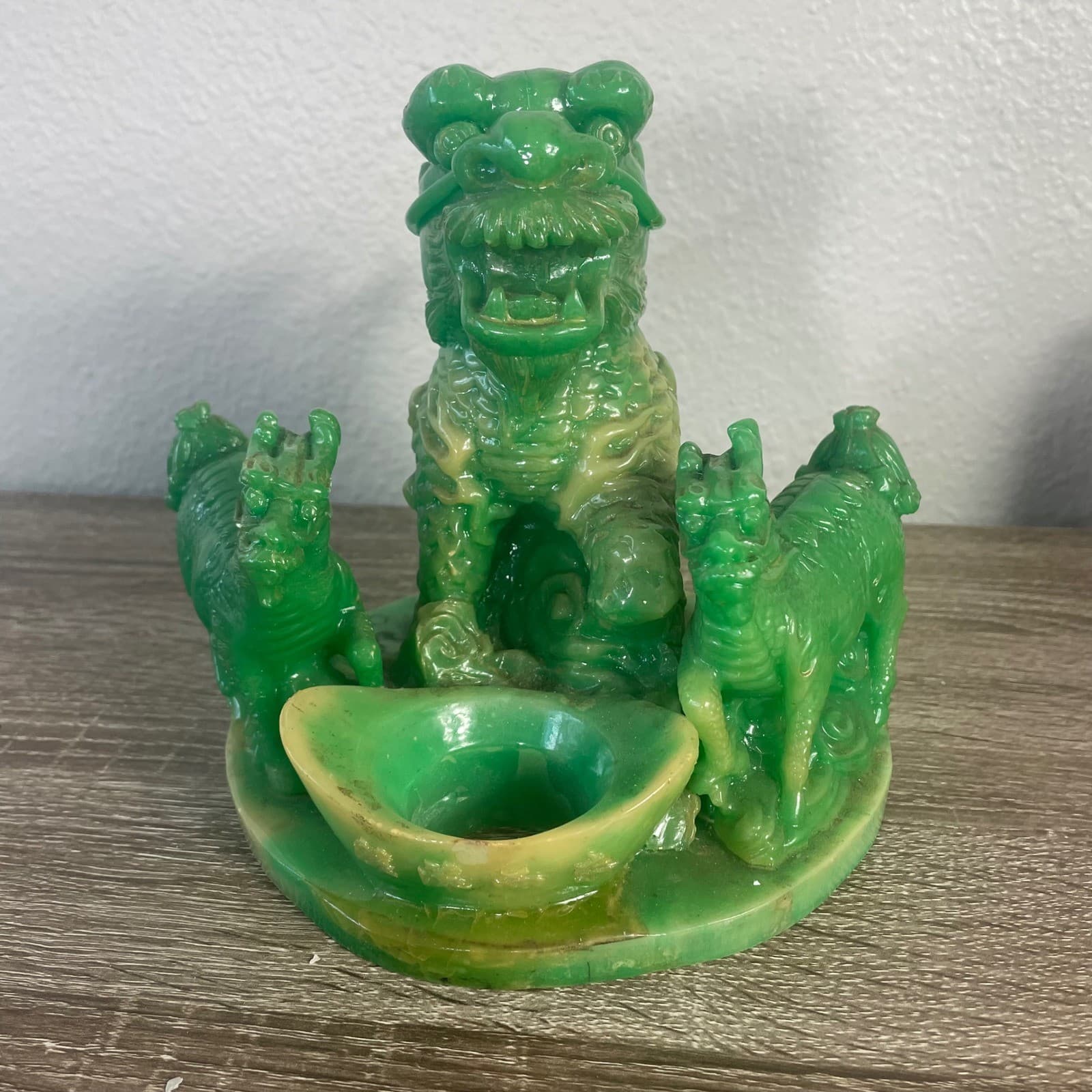 Vintage Faux Jade Resin Chinese Dragon Prosperity Statue Feng Shui Wealth Ingot - Thumbnail 3